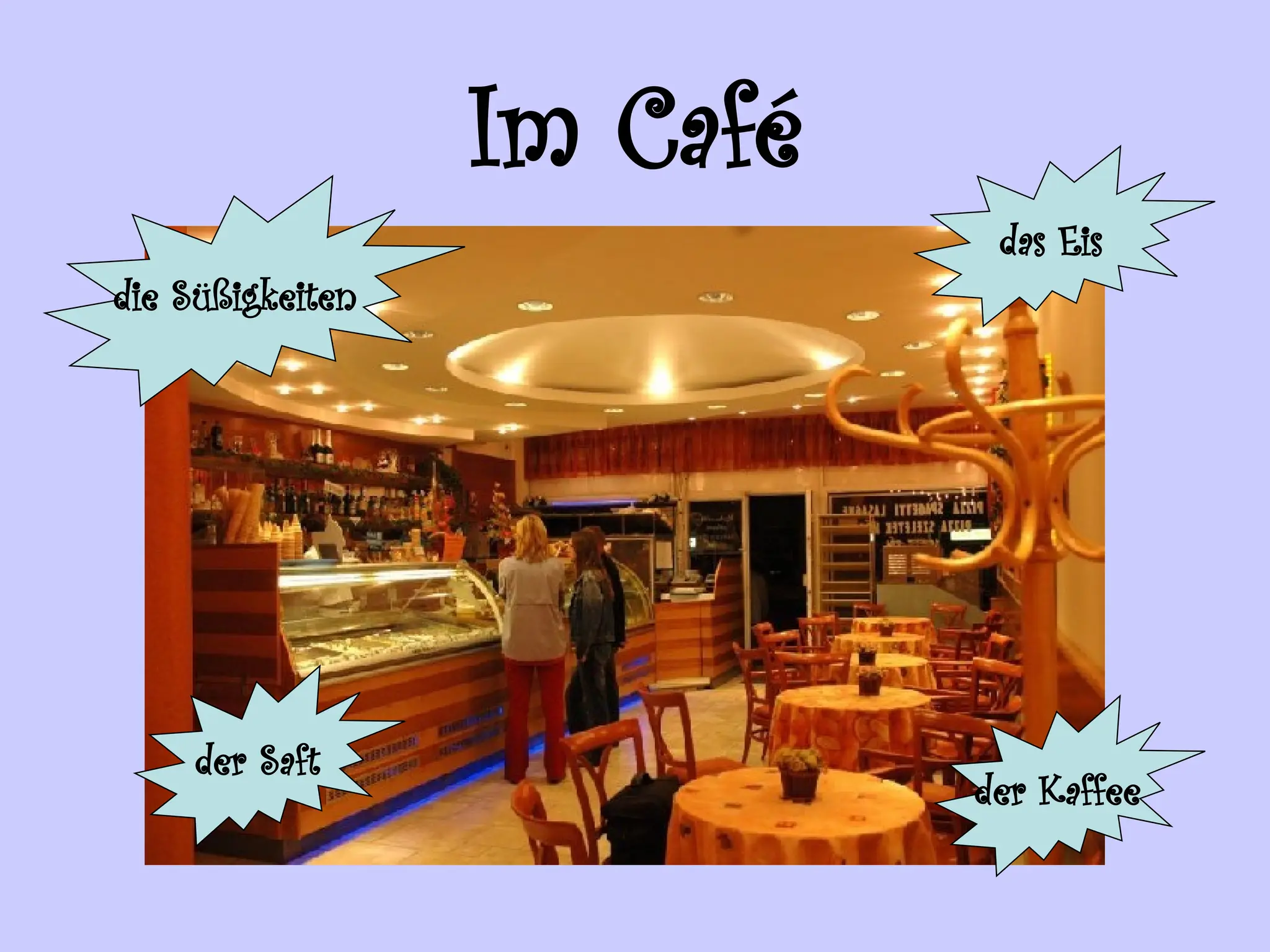 Im Café
die Süßigkeiten
der Kaffee
das Eis
der Saft