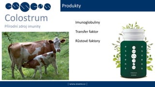 Produkty
Colostrum
Přírodní zdroj imunity
| www.essens.cz |
Imunoglobuliny
Transfer faktor
Růstové faktory
 