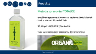 Produkty
| www.essens.cz |
Metoda zpracování TOTALOE
umožňuje zpracovat Aloe vera a zachovat 200 aktivních
látek a více než 75 druhů živin
99,5% gel v ORGANIC (Bio) kvalitě
vyšší vstřebatelnost v organismu díky mikronizaci
 
