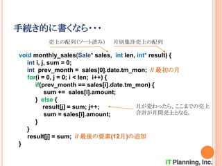 手続き的に書くなら・・・
void monthly_sales(Sale* sales, int len, int* result) {
int i, j, sum = 0;
int prev_month = sales[0].date.tm_mon; // 最初の月
for(i = 0, j = 0; i < len; i++) {
if(prev_month == sales[i].date.tm_mon) {
sum += sales[i].amount;
} else {
result[j] = sum; j++;
sum = sales[i].amount;
}
}
result[j] = sum; // 最後の要素(12月)の追加
}
売上の配列（ソート済み） 月別集計売上の配列
月が変わったら、ここまでの売上
合計が月間売上となる。
 
