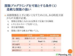 関数プログラミングを可能とする条件（１）
柔軟な関数の扱い
 高階関数を上手に使いこなすためには、ある程度言語
からの支援が必要。
1. 関数を変数に入れられる/無名で定義できる機能
2. レキシカルスコープを持つこと。
3. 部分適用機能。
4. 関数に関する構文が”軽い”こと。
C言語 Java JavaScript
第一級化 関数ポインタ オブジェクト ○
スコープ × finalのみ △(this)
部分適用 × × ×
構文の軽さ × × △
静的型付け △ ○ ×
 