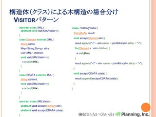 構造体（クラス）による木構造の場合分け
VISITORパターン
abstract class XML {
abstract void visit(XMLVisitor v);
}
class Element extends XML {
String name;
Map<String,String> attrs;
List<XML> children;
void visit(XMLVisitor v) {
v.accept(this);
}
}
class CDATA extends XML {
String content;
void visit(XMLVisitor v) {
v.accept(this);
}
}
abstract class XMLVisitor {
abstract void accept(Element elm);
abstract void accept(CDATA cdata);
}
class ToStringVisitor {
StringBuffer result;
void accept(Element elm) {
resut.append("<" + elm.name + printAttrs(elm.attrs) + ">");
for(Element e : elm.children) {
e.visit(this);
}
resut.append("</" + elm.name + printAttrs(elm.attrs) + ">");
}
void accept(CDATA cdata) {
result.append(escapeCDATA(cdata));
}
}
※収まらないくらい長い
 