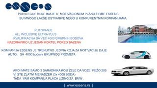 | www.essens.rs |
PRIVILEGIJE KOJE IMATE U MOTIVACIONOM PLANU FIRME ESSENS
SU MNOGO LAKŠE OSTVARIVE NEGO U KONKURENTNIM KOMPANIJAMA.
PUTOVANJE
ALL INCLUSIVE ULTRA PLUS
KVALIFIKACIJA SA VEĆ 4000 GRUPNIH BODOVA
NAZDRAVIMO UZ JEDAN KOKTEL PORED BAZENA
KOMPANIJA ESSENS JE TRENUTNO JEDINA KOJA ZA MOTIVACIJU DAJE
AUTO, SA 4000 bodova GRUPNOG PROMETA.
AKO IMATE SAMO 3 SARADNIKA KOJI ŽELE DA VOZE PEŽO 208
VI STE ZLATNI MENADŽER (3x 4000 BODA)
TADA VAM KOMPANIJA PLAĆA LIZING ZA BMW .
 