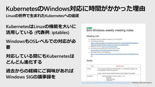 KubernetesのWindows対応に時間がかかった理由
Linuxの世界で生まれたKubernetesへの追従
KubernetesはLinuxの機能を大いに
活用している (代表例: iptables)
WindowsもOSレベルでの対...