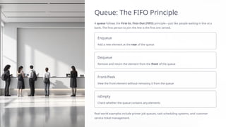Queue: The FIFO Principle
A queue follows the First-In, First-Out (FIFO) principle—just like people waiting in line at a
bank. The first person to join the line is the first one served.
Enqueue
Add a new element at the rear of the queue
Dequeue
Remove and return the element from the front of the queue
Front/Peek
View the front element without removing it from the queue
isEmpty
Check whether the queue contains any elements
Real-world examples include printer job queues, task scheduling systems, and customer
service ticket management.
 