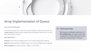 Array Implementation of Queue
Structure & Technique
An array-based queue uses a fixed-size array with front and rear index pointers. The
circular queue technique prevents wasted space by wrapping indices back to the start
when reaching the array end.
Key Operations
Enqueue: Insert element at rear position, then increment rear (with wrapping)
Dequeue: Remove element at front position, then increment front (with wrapping)
Index wrapping: Use modulo operator: (rear + 1) % size
Performance Note
Both enqueue and dequeue operations run in
O(1) constant time, but require careful index
management to handle wraparound correctly
and avoid confusing empty vs. full states.
 