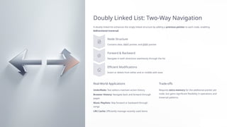 Doubly Linked List: Two-Way Navigation
A doubly linked list enhances the singly linked structure by adding a previous pointer to each node, enabling
bidirectional traversal.
Node Structure
Contains data, next pointer, and prev pointer
Forward & Backward
Navigate in both directions seamlessly through the list
Efficient Modifications
Insert or delete from either end or middle with ease
Real-World Applications
Undo/Redo: Text editors maintain action history
Browser History: Navigate back and forward through
pages
Music Playlists: Skip forward or backward through
songs
LRU Cache: Efficiently manage recently used items
Trade-offs
Requires extra memory for the additional pointer per
node, but gains significant flexibility in operations and
traversal patterns.
 