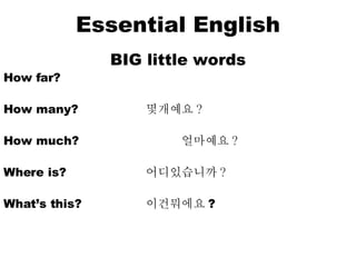 Essential English BIG little words How far? How many? 몇개예요 ? How much? 얼마예요 ? Where is? 어디있습니까 ?  What’s this? 이건뭐에요 ? 