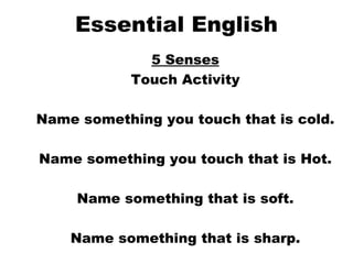 Essential English 5 Senses Touch Activity Name something you touch that is cold. Name something you touch that is Hot. Name something that is soft. Name something that is sharp. 