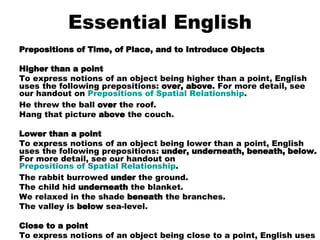 Essential English Prepositions of Time, of Place, and to Introduce Objects Higher than a point To express notions of an object being higher than a point, English uses the following prepositions:  over, above . For more detail, see our handout on  Prepositions of Spatial Relationship . He threw the ball  over  the roof.  Hang that picture  above  the couch.    Lower than a point To express notions of an object being lower than a point, English uses the following prepositions:  under, underneath, beneath, below.  For more detail, see our handout on  Prepositions of Spatial Relationship . The rabbit burrowed  under  the ground.  The child hid  underneath  the blanket.  We relaxed in the shade  beneath  the branches.  The valley is  below  sea-level.    Close to a point To express notions of an object being close to a point, English uses the following prepositions:  near, by, next to, between, among, opposite . For more detail, see our handout on  Prepositions of Spatial Relationship . She lives  near  the school.  There is an ice cream shop  by  the store.  An oak tree grows  next to  my house  The house is  between  Elm Street and Maple Street.  I found my pen lying  among  the books.  The bathroom is  opposite  that room.    To introduce objects of verbs English uses the following prepositions to introduce objects of the following verbs.  At: glance, laugh, look, rejoice, smile, stare She took a quick glance  at  her reflection. ( exception with  mirror :  She took a quick glance  in  the mirror.)  You didn't laugh  at  his joke.  I'm looking  at  the computer monitor.  We rejoiced  at  his safe rescue.  That pretty girl smiled  at  you.  Stop staring  at  me.    Of: approve, consist, smell I don't approve  of  his speech.  My contribution to the article consists  of  many pages.  He came home smelling  of  alcohol.    Of (or about): dream, think I dream  of  finishing college in four years.  Can you think  of  a number between one and ten?  I am thinking  about  this problem.      For: call, hope, look, wait, watch, wish Did someone call  for  a taxi?  He hopes  for  a raise in salary next year.  I'm looking  for  my keys.  We'll wait  for  her here.  You go buy the tickets and I'll watch  for  the train.  If you wish  for  an "A" in this class, you must work hard.  