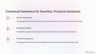 Contextual Awareness for Seamless, Proactive Assistance
1 Sensor Integration
The app gathers data from various sensors to understand the user's environment and situation.
2 Predictive Models
AI algorithms analyze the collected data to anticipate the user's needs and preferences.
3 Proactive Assistance
The app provides timely, relevant suggestions and actions without the user having to ask.
 