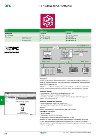OFS                                       OPC data server software




1

     Type                                       OPC data server
                                                OFS Small                                             OFS Large

2
     Items number                               1000 items                                            Unlimited
     OPC protocols                              OPC DA                                                OPC DA, OPC XML DA,
     References      Single station li cence    TLX CD SU OFS 33                                      TLX CD LU OFS
                     10 stations licence        TLX CD ST OFS 33                                      TLX CD LT OFS 33
                     200 stations licence       –                                                     TLX CD LF OFS 33



3                                                                            DCOM ou
                                                                                                                              Ethernet TCP/IP network

                                                                              HTTP   OFS station
                                                                                                                              Data symbol
                                                         Remote client                         Local client             (Concept, PL 7 or Unity pro
                                                          application                          application
                                                           program                              program

4
                                                      Modbus network                                                                   X-Way network




5
                                                                                     Momentum
                                                                                                              Premium                     TSX Micro
                                                    Quantum

6                                              Description:
                                               Based on the OPC protocols, Schneider-Electric’s OFS software (OPC Factory Server) enables local or
                                               remote OPC client applications such as SCADA, supervisors or custom interfaces, to access Schneider
                                               devices and PLCs data in real time.

                                               OFS software is a multi-device data server which provides simultaneous use of various communication

7                                              protocols, and allows client applications to access control data via physical addresses or via symbols

                                               Supported devices :
                                               p Modicon Quantum, Premium, Micro, Compact and Momentum PLCs
                                               p TSX Series 7 and April Series 1000 Schneider-Electric PLCs
                                               p Serial Modbus or Uni-Telway devices connected via Schneider-Electric and Merlin Gerin gateways
                                               TSX ETG 10xx, EGX xxx ranges etc.
8                                              Supported networks and protocols :
                                               p Modbus: Serial Modbus, Modbus Plus, Modbus TCP/IP.
                                               p XWAY/UNI-TE: Uni-Telway, FIPWAY, ETHWAY, ISAWAY, PCIWAY.

                                               Openess:
                                               OFS V3.3, integrates the most recent specifications of the OPC Foundation:
9                                              p OPC-DA (OPC Data Access)
                                               p .NET API interface
                                               p OPC XML-DA V1.0 (OPC XML Data Access)

                                               The development of specialized interfaces is even more easy and open.
                                               Developers and System integrators can develop custom applications (in Visual Basic, VBA for Excel,

10                                             C++, etc) requiring access to Schneider Electric control devices. The OPC XML-DA V1.0 interface is
                                               designed to provide an interface for Windows and non-Windows client applications and remote access via
                                               the Internet through firewalls.




                                                                                                Other versions: please consult your Schneider Electric agency.
     8/18
 