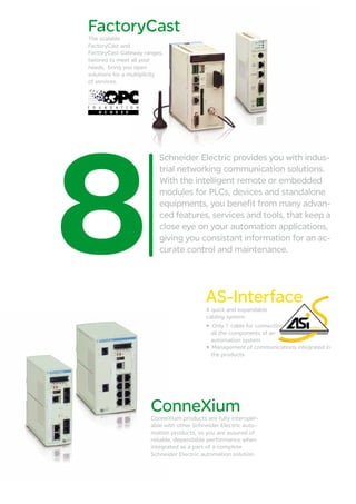 FactoryCast
The scalable
FactoryCast and
FactoryCast Gateway ranges,
tailored to meet all your
needs, bring you open
solutions for a multiplicity
of services.




                          Schneider Electric provides you with indus-
                          trial networking communication solutions.
                          With the intelligent remote or embedded
                          modules for PLCs, devices and standalone
                          equipments, you benefit from many advan-
                          ced features, services and tools, that keep a
                          close eye on your automation applications,
                          giving you consistant information for an ac-
                          curate control and maintenance.




                                           AS-Interface
                                           A quick and expandable
                                           cabling system:
                                           •  Only 1 cable for connecting
                                             all the components of an
                                             automation system
                                           • Management of communications integrated in
                                             the products.




                       ConneXium
                       ConneXium products are fully interoper-
                       able with other Schneider Electric auto-
                       mation products, so you are assured of
                       reliable, dependable performance when
                       integrated as a part of a complete
                       Schneider Electric automation solution.
 