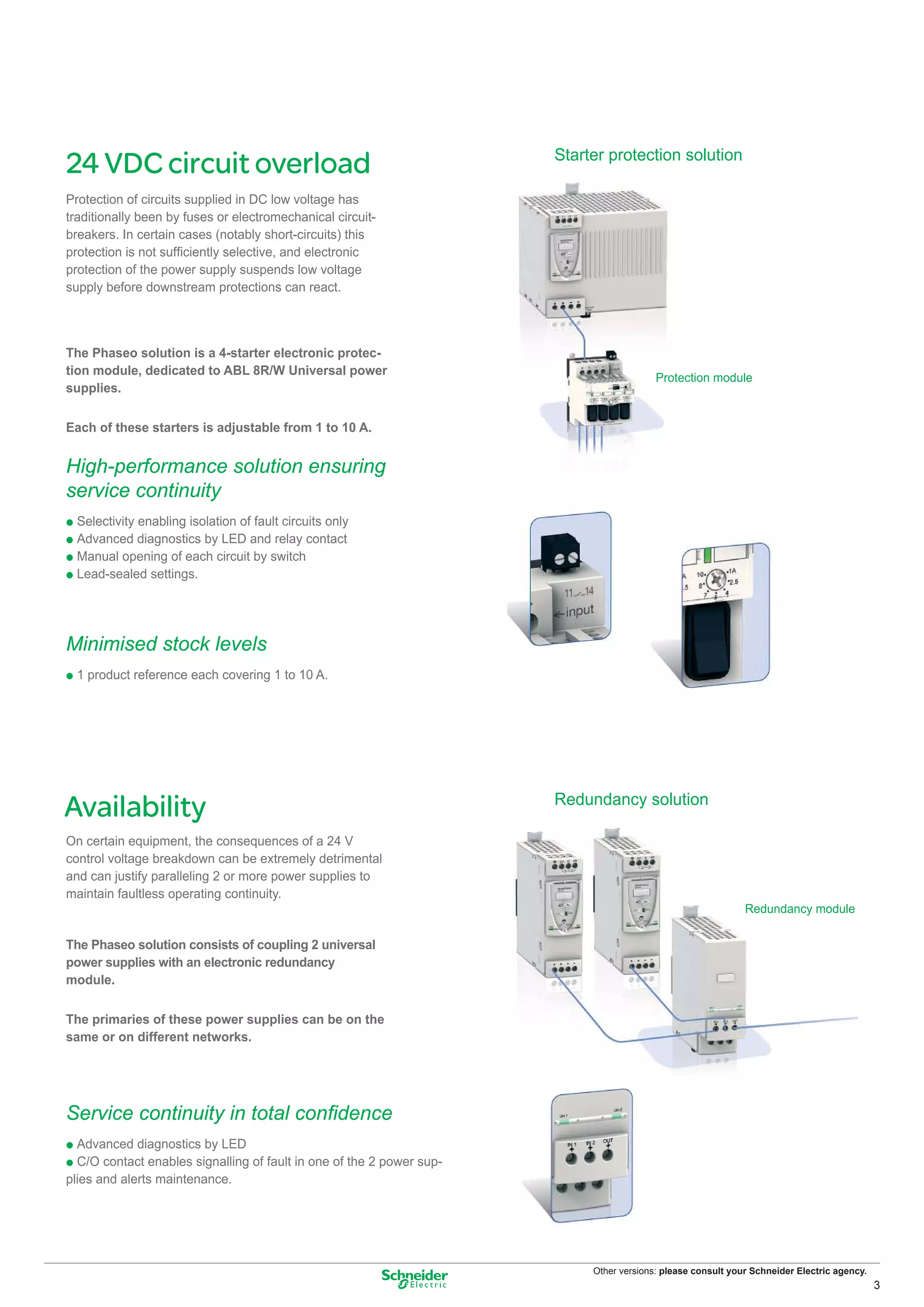 Starter protection solution
24 VDC circuit overload
Protection of circuits supplied in DC low voltage has
traditionally been by fuses or electromechanical circuit-
breakers. In certain cases (notably short-circuits) this
protection is not sufﬁciently selective, and electronic
protection of the power supply suspends low voltage
supply before downstream protections can react.



The Phaseo solution is a 4-starter electronic protec-
tion module, dedicated to ABL 8R/W Universal power
                                                                                          Protection module
supplies.

Each of these starters is adjustable from 1 to 10 A.


High-performance solution ensuring
service continuity
p Selectivity enabling isolation of fault circuits only
p Advanced diagnostics by LED and relay contact
p Manual opening of each circuit by switch
p Lead-sealed settings.




Minimised stock levels
      Disponi-
p 1 product reference each covering 1 to 10 A.
      bilité




                                                                       Redundancy solution
Availability
On certain equipment, the consequences of a 24 V
control voltage breakdown can be extremely detrimental
and can justify paralleling 2 or more power supplies to
maintain faultless operating continuity.
                                                                                                              Redundancy module

The Phaseo solution consists of coupling 2 universal
power supplies with an electronic redundancy
module.

The primaries of these power supplies can be on the
same or on different networks.




Service continuity in total conﬁdence
p Advanced diagnostics by LED
p C/O contact enables signalling of fault in one of the 2 power sup-
plies and alerts maintenance.




                                                                            Other versions: please consult your Schneider Electric agency.
                                                                                                                                             3
 