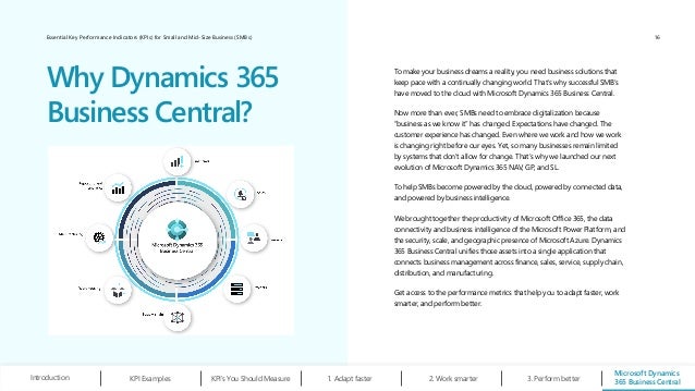 Essential Key Performance Indicators (KPIs) for Small and Mid-Size Business (SMBs)
To make your business dreams a reality, you need business solutions that
keep pace with a continually changing world. That’s why successful SMB’s
have moved to the cloud with Microsoft Dynamics 365 Business Central.
Now more than ever, SMBs need to embrace digitalization because
“business as we know it” has changed. Expectations have changed. The
customer experience has changed. Even where we work and how we work
is changing right before our eyes. Yet, so many businesses remain limited
by systems that don’t allow for change. That’s why we launched our next
evolution of Microsoft Dynamics 365 NAV, GP, and SL.
To help SMBs become powered by the cloud, powered by connected data,
and powered by business intelligence.
We brought together the productivity of Microsoft Office 365, the data
connectivity and business intelligence of the Microsoft Power Platform, and
the security, scale, and geographic presence of Microsoft Azure. Dynamics
365 Business Central unifies those assets into a single application that
connects business management across finance, sales, service, supply chain,
distribution, and manufacturing.
Get access to the performance metrics that help you to adapt faster, work
smarter, and perform better.
Why Dynamics 365
Business Central?
Microsoft Dynamics
365 Business Central
Work smarter
2.
Introduction Adapt faster
1.
KPI Examples KPI’s You Should Measure Perform better
3.
16
 
