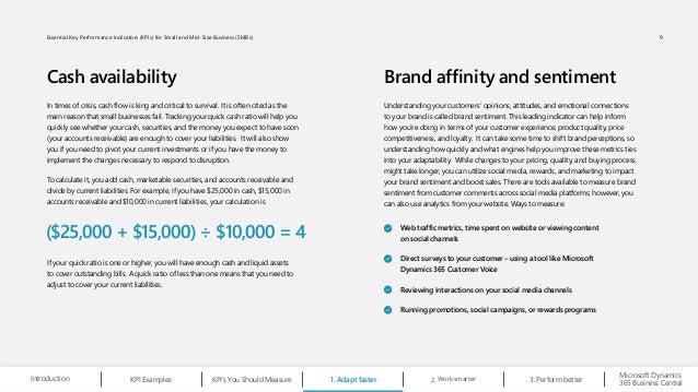 Cash availability Brand affinity and sentiment
In times of crisis, cash flow is king and critical to survival. It is often cited as the
main reason that small businesses fail. Tracking your quick cash ratio will help you
quickly see whether your cash, securities, and the money you expect to have soon
(your accounts receivable) are enough to cover your liabilities. It will also show
you if you need to pivot your current investments or if you have the money to
implement the changes necessary to respond to disruption.
To calculate it, you add cash, marketable securities, and accounts receivable and
divide by current liabilities. For example, if you have $25,000 in cash, $15,000 in
accounts receivable and $10,000 in current liabilities, your calculation is
Understanding your customers’ opinions, attitudes, and emotional connections
to your brand is called brand sentiment. This leading indicator can help inform
how you’re doing in terms of your customer experience, product quality, price
competitiveness, and loyalty. It can take some time to shift brand perceptions, so
understanding how quickly and what engines help you improve these metrics ties
into your adaptability. While changes to your pricing, quality, and buying process
might take longer, you can utilize social media, rewards, and marketing to impact
your brand sentiment and boost sales. There are tools available to measure brand
sentiment from customer comments across social media platforms; however, you
can also use analytics from your website. Ways to measure:
If your quick ratio is one or higher, you will have enough cash and liquid assets
to cover outstanding bills. A quick ratio of less than one means that you need to
adjust to cover your current liabilities.
($25,000 + $15,000) ÷ $10,000 = 4 Web traffic metrics, time spent on website or viewing content
on social channels
Direct surveys to your customer – using a tool like Microsoft
Dynamics 365 Customer Voice
Reviewing interactions on your social media channels
Running promotions, social campaigns, or rewards programs
Work smarter
2.
Microsoft Dynamics
365 Business Central
Introduction KPI Examples KPI’s You Should Measure 1. Adapt faster Perform better
3.
9
Essential Key Performance Indicators (KPIs) for Small and Mid-Size Business (SMBs)
 
