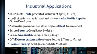 Industrial Applications
▪60-80% of UI codegenerated for Intranet Apps (US Bank)
▪100% of code gen. build, pack and deliver NativeMobileApps for
Citizen Developers.
▪Automatic generation and cloud deploy of BaaS from a model.
▪Ensure Security Compliance by design
▪Ensure Accessibility Compliance by design
▪DIY: Extreme customization: cost-effective & Time to Market
▪ProcessTracking: Workflows and State Machines
 