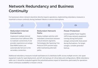 Network Redundancy and Business
Continuity
For businesses where network downtime directly impacts operations, implementing redundancy measures is
essential to ensure continuity during hardware failures or service interruptions.
Redundant Internet
Connections
Implement multiple internet
connections from different ISPs
to maintain connectivity if one
provider experiences an outage.
Dual-WAN routers can
automatically fail over to the
secondary connection.
Redundant Network
Paths
Deploy multiple switches with
redundant connections between
critical network segments.
Technologies like Spanning Tree
Protocol (STP) prevent loops
while maintaining alternate
paths.
Power Protection
Uninterruptible Power Supplies
(UPS) keep network equipment
running during brief power
outages and provide clean power
during fluctuations. For longer
outages, consider generator
backup.
Additional redundancy measures include load balancers to distribute traffic across multiple servers, hot-spare
equipment ready for rapid deployment, and off-site backups of critical data and configurations. While redundancy
adds cost, it should be evaluated against the potential business impact of downtime4particularly for operations
where continuous availability is mission-critical.
 