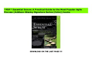DOWNLOAD ON THE LAST PAGE !!!!
^PDF^ Essential Scrum: A Practical Guide to the Most Popular Agile Process (Addison-Wesley Signature Series (Cohn)) books A Practical Guide to the Most Popular Agile Process The Single-Source, Comprehensive Guide to Scrum for All Team Members, Managers, and Executives If you want to use Scrum to develop innovative products and services that delight your customers, Essential Scrum is the complete, single-source reference you've been searching for. Leading Scrum coach and trainer Kenny Rubin illuminates the values, principles, and practices of Scrum, and describes flexible, proven approaches that can help you implement it far more effectively. Whether you are new to Scrum or years into your use, this book will introduce, clarify, and deepen your Scrum knowledge at the team, product, and portfolio levels. Drawing from Rubin's experience helping hundreds of organizations succeed with Scrum, this book provides easy-to-digest descriptions enhanced by more than two hundred illustrations based on an entirely new visual icon language for describing Scrum's roles, artifacts, and activities. Essential Scrum will provide every team member, manager, and executive with a common understanding of Scrum, a shared vocabulary they can use in applying it, and practical knowledge for deriving maximum value from it.
^PDF^ Essential Scrum: A Practical Guide to the Most Popular Agile
Process (Addison-Wesley Signature Series (Cohn)) books
 