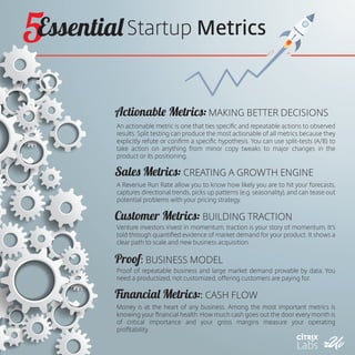 Sales Metrics: CREATING A GROWTH ENGINE
Actionable Metrics: MAKING BETTER DECISIONS
Customer Metrics: BUILDING TRACTION
Proof: BUSINESS MODEL
Financial Metrics:: CASH FLOW
An actionable metric is one that ties speciﬁc and repeatable actions to observed
results. Split testing can produce the most actionable of all metrics because they
explicitly refute or conﬁrm a speciﬁc hypothesis. You can use split-tests (A/B) to
take action on anything from minor copy tweaks to major changes in the
product or its positioning.
A Revenue Run Rate allow you to know how likely you are to hit your forecasts,
captures directional trends, picks up patterns (e.g. seasonality), and can tease out
potential problems with your pricing strategy.
Venture investors invest in momentum, traction is your story of momentum. It's
told through quantiﬁed evidence of market demand for your product. It shows a
clear path to scale and new business acquisition.
Proof of repeatable business and large market demand provable by data. You
need a productized, not customized, offering customers are paying for.
Money is at the heart of any business. Among the most important metrics is
knowing your ﬁnancial health. How much cash goes out the door every month is
of critical importance and your gross margins measure your operating
proﬁtability.
5
rUv
Startup MetricsEssential
Labs
 
