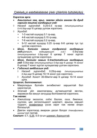 Çàéëøã¿é øààðäëàãàòàé ýìèéí çîõèñòîé õýðýãëýãýý
Õýðýãëýõ àðãà:
• Àìüñãàëûí çàì, àðüñ, çººëºí ýäèéí õºíãºí áà äóíä
   çýðãèéí ÿâöòàé õàëäâàðûí ¿åä:
◊ Íàñàíä õ¿ðýã÷äýä: 0.25-0.5 ãð-ààð /ýòèëñóêöèíàòûã
   0.4-0.8ãð-ààð/ 6 öàãààð óóëãàæ õýðýãëýíý.
◊ Õ¿¿õäýä:
   ∗ 1-3 íàñòàé õ¿¿õäýä 0.1 ãð-ààð,
   ∗ 4-6 íàñòàé õ¿¿õäýä 0.15 ãð-ààð,
   ∗ 7-8 íàñòàé õ¿¿õäýä 0.2 ãð-ààð,
   ∗ 9-12 íàñòàé õ¿¿õäýä 0.25 ãð-ààð 6-8 öàãààð òóñ òóñ
        óóëãàæ õýðýãëýíý.
• Øýýñ, áýëãèéí çàìûí õ¿íäðýëã¿é õàëäâàðûí
   ¿åä/óðåòðèò,         ýíäîöåðâèöèò       ã.ì./:     0.5ãð-ààð
   /ýòèëñóêöèíàòûã 0.8ãð-ààð/ 6 öàãààð 7 õîíîã õ¿ðòýë
   õóãàöààãààð óóëãàæ õýðýãëýíý.
• Øýýñ, áýëãèéí çàìûí C.trachomatis-ûí õàëäâàðûí
   ¿åä: 0.5ãð-ààð /ýòèëñóêöèíàòûã 0.4ãð-ààð 6 öàãààð 14 õîíîã/
   6 öàãààð 7 õîíîã õ¿ðòýë õóãàöààãààð óóëãàæ õýðýãëýíý.
• Ãýäýñíèé àì¸áèîçûí ¿åä:
   ◊ Íàñàíä        õ¿ðýã÷äýä:    0.25ãð-ààð    /ýòèëñóêöèíàòûã
       0.4ãð-ààð/ 6 öàãààð 10-14 õîíîã óóæ õýðýãëýíý.
   ◊ Õ¿¿õäýä: Õîíîãò 30-50ìã/êã-ààð 6 öàãààð 10-14 õîíîã
       óóíà.
Öýýðëýë, áîëãîîìæëîë:
• Ìàêðîëèäûí á¿ëãèéí àíòèáèîòèêò õàðøèëòàé áîë
   õýðýãëýõã¿é.
• Ýëýãíèé ¿éë àæèëëàãààíû äóòìàãøèëòàé ºâ÷òºí,
   æèðýìñýí áà õºõ¿¿ë ýõ÷¿¿äýä áîëãîîìæòîé õýðýãëýíý.
Ãàæ íºëºº:
• Õýâëèéãýýð ýìçýãëýõ, ãýäýñ áàçëàõ, îãèõ, áººëæèõ,
   ñóóëãàõ, öºñ çîãñîíãèøðîëò øàðëàëò, àðüñíû õàðøèë
   òóóðàëò, àíàôèëàêñè ¿¿ñýõ çýðýã ãàæ íºëºº èëýð÷
   áîëçîøã¿é.
• Äàâòàí õýðýãëýõýä àìàðõàí äàñàë áîëäîã /òàõèôèëàêñè
   ¿¿ñãýõ/ ñóë òàëòàé.
Ñàâëàëò: 0.1, 0.25, 0.5 ãð-ûí øàõìàë, á¿ðõ¿¿ëòýé.




                                                           109
 