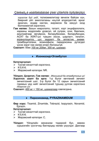 Çàéëøã¿é øààðäëàãàòàé ýìèéí çîõèñòîé õýðýãëýãýý
   õýðýãëýæ áóé ¿åä/, ïîëèîìèåëèòýýð ºâ÷èëæ áàéñàí õ¿í,
   áººðíèé ¿éë àæèëëàãààíû íîöòîé àëäàãäàëòàé, àðõàã
   àðõè÷èí, ºíäºð íàñòàí, æèðýìñýí áà õºõ¿¿ë ýõýä
   áîëãîîìæòîé õýðýãëýíý.
Ãàæ íºëºº: Çàõûí íåâðîïàòè, òàòàëò, õîðò ýíöåôàëîïàòè,
  õàðààíû ìýäðýëèéí ¿ðýâñýë, îé ñóëðàõ, îãèõ, áººëæèõ,
  àþóëõàéãààð ýâã¿éðõýõ, áèëèðóáèíåìè, áèëèðóáèíóðè,
  ÀÑÀÒ áà ÀËÀÒ-ûí ò¿âøèí èõñýõ, øàðëàëò, ãåïàòèò,
  àãðàíóëîöèòîç, öóñ çàäðàëò áà àïëàñòèê àíåìè,
  òðîìáîöèòîïåíè, ýîçèíîôèëè, ïèðèäîêñèíû äóòàãäàë
  ¿¿ñýõ çýðýã ãàæ íºëºº èëýð÷ áîëçîøã¿é.
Ñàâëàëò: 50ìã,100 ìã,200ìã, 300 ìã, øàõìàë.


                   ♦ Èçîíèàçèä+Ýòàìáóòîë

Êàòåãîð÷èëàë:
   Òóñãàé õÿíàëòòàé õýðýãëýíý.
   Ê-5,Ê-6.
   Æèðýìñíèé êàòåãîðè: NR.

¯éëäýë, Öýýðëýë, Ãàæ íºëºº: /Èçîíèàçèä áà ýòàìáóòîëûã ¿ç/
Õýðýãëýõ çààëò áà àðãà: 1-ð á¿ëýã ºâ÷òºíèé ýì÷èìò
  ýì÷èëãýýíèé øàò, 2-ð á¿ëýã áà 12 ñàðûí ýì÷èëãýýíèé
  ãîðèìûí ¿åä íèéò ýì÷èëãýýíèé òóðøèä óóëãàæ õýðýãëýíý
  /äýýðõýýñ ¿ç/.
Ñàâëàëò: 400 ìã + 150 ìã, øàõìàëààð ñàâëàãäàíà.


          ♦ Ïèðàçèíàìèä, PYRAZINAMIDUM

ªºð íýðñ: Tisamid, Zinamide, Tebrazid, Isopyrasin, Novamid,
  Eprazin.
Êàòåãîð÷èëàë:
   Òóñãàé õÿíàëòòàé õýðýãëýíý.
   Ê-5,Ê-6.
   Æèðýìñíèé êàòåãîðè: Ñ.

¯éëäýë: ¯éëäëèéí ìåõàíèçì òîäîðõîé áóñ, çºâõºí
  ñ¿ðüåýãèéí ¿¿ñãýã÷èä áàêòåðöèä íºëºº ¿ç¿¿ëäýã. Äàíãààð

                                                       123
 