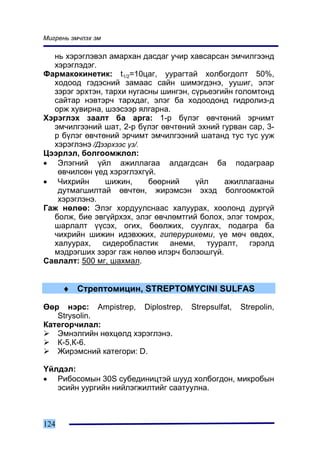 Ìèãðåíü ýì÷ëýõ ýì

  íü õýðýãëýâýë àìàðõàí äàñäàã ó÷èð õàâñàðñàí ýì÷èëãýýíä
  õýðýãëýäýã.
Ôàðìàêîêèíåòèê: t1/2=10öàã, óóðàãòàé õîëáîãäîëò 50%,
  õîäîîä ãýäýñíèé çàìààñ ñàéí øèìýãäýíý, óóøèã, ýëýã
  çýðýã ýðõòýí, òàðõè íóãàñíû øèíãýí, ñ¿ðüåýãèéí ãîëîìòîíä
  ñàéòàð íýâòýð÷ òàðõäàã, ýëýã áà õîäîîäîíä ãèäðîëèç-ä
  îðæ õóâèðíà, øýýñýýð ÿëãàðíà.
Õýðýãëýõ çààëò áà àðãà: 1-ð á¿ëýã ºâ÷òºíèé ýð÷èìò
  ýì÷èëãýýíèé øàò, 2-ð á¿ëýã ºâ÷òºíèé ýõíèé ãóðâàí ñàð, 3-
  ð á¿ëýã ºâ÷òºíèé ýð÷èìò ýì÷èëãýýíèé øàòàíä òóñ òóñ óóæ
  õýðýãëýíý /Äýýðõýýñ ¿ç/.
Öýýðëýë, áîëãîîìæëîë:
• Ýëýãíèé ¿éë àæèëëàãàà àëäàãäñàí áà ïîäàãðààð
   ºâ÷èëñºí ¿åä õýðýãëýõã¿é.
• ×èõðèéí       øèæèí,     áººðíèé     ¿éë    àæèëëàãààíû
   äóòìàãøèëòàé ºâ÷òºí, æèðýìñýí ýõýä áîëãîîìæòîé
   õýðýãëýíý.
Ãàæ íºëºº: Ýëýã õîðäóóëñíààñ õàëóóðàõ, õîîëîíä äóðã¿é
  áîëæ, áèå ýâã¿éðõýõ, ýëýã ºâ÷ëºìòãèé áîëîõ, ýëýã òîìðîõ,
  øàðëàëò ¿¿ñýõ, îãèõ, áººëæèõ, ñóóëãàõ, ïîäàãðà áà
  ÷èõðèéí øèæèí èäýâõæèõ, ãèïåðóðèêåìè, ¿å ìº÷ ºâäºõ,
  õàëóóðàõ, ñèäåðîáëàñòèê àíåìè, òóóðàëò, ãýðýëä
  ìýäðýãøèõ çýðýã ãàæ íºëºº èëýð÷ áîëçîøã¿é.
Ñàâëàëò: 500 ìã, øàõìàë.


      ♦ Ñòðåïòîìèöèí, STREPTOMYCINI SULFAS

ªºð íýðñ: Ampistrep, Diplostrep,     Strepsulfat,   Strepolin,
   Strysolin.
Êàòåãîð÷èëàë:
   Ýìíýëãèéí íºõöºëä õýðýãëýíý.
   Ê-5,Ê-6.
   Æèðýìñíèé êàòåãîðè: D.

¯éëäýë:
• Ðèáîñîìûí 30S ñóáåäèíèöòýé øóóä õîëáîãäîí, ìèêðîáûí
   ýñèéí óóðãèéí íèéëýãæèëòèéã ñààòóóëíà.



124
 