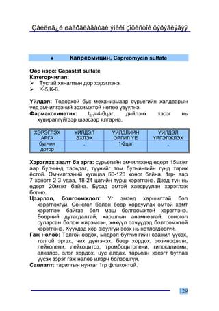 Çàéëøã¿é øààðäëàãàòàé ýìèéí çîõèñòîé õýðýãëýãýý



       ♦       Êàïðåîìèöèí, Capreomycin sulfate

ªºð íýðñ: Capastat sulfate
Êàòåãîð÷èëàë:
   Òóñãàé õÿíàëòûí äîð õýðýãëýíý.
   K-5,K-6.

¯éëäýë: Òîäîðõîé áóñ ìåõàíèçìààð ñ¿ðüåãèéí õàëäâàðûí
¿åä ýì÷èëãýýíèé çîõèìæòîé íºëºº ¿ç¿¿ëíý.
Ôàðìàêîêèíåòèê:      t2/1=4-6öàã,  äèéëýíõ õýñýã  íü
   õóâèðàëã¿éãýýð øýýñýýð ÿëãàðíà.

 ÕÝÐÝÃËÝÕ       ¯ÉËÄÝË        ¯ÉËÄËÈÉÍ          ¯ÉËÄÝË
    ÀÐÃÀ        ÝÕËÝÕ         ÎÐÃÈË ¯Å        ¯ÐÃÝËÆËÝÕ
   áóë÷èí          .            1-2öàã             .
    äîòîð

Õýðýãëýõ çààëò áà àðãà: ñ¿ðüåãèéí ýì÷èëãýýíä ºäºðò 15ìã/êã
ààð áóë÷èíä òàðüäàã, ò¿¿íèéã òîì áóë÷èíãèéí ã¿íä òàðèõ
¸ñòîé. Ýì÷èëãýýíèé õóãàöàà 60-120 õîíîã áàéíà. 1ãð- ààð
7 õîíîãò 2-3 óäàà, 18-24 öàãèéí òóðø õýðýãëýíý. Äýýä òóí íü
ºäºðò 20ìã/êã áàéíà. Áóñàä ýìòýé õàâñðóóëàí õýðýãëýæ
áîëíî.
Öýýðëýë, áîëãîîìæëîë: Óã ýìýíä õàðøèëòàé áîë
   õýðýãëýõã¿é. Ñîíñãîë áîëîí áººð õîðäóóëàõ ýìòýé õàìò
   õýðýãëýæ áàéãàà áîë ìàø áîëãîîìæòîé õýðýãëýíý.
   Áººðíèé äóòàãäàëòàé, õàðøëûí àíàìíåçòàé, ñîíñãîë
   ñóëàðñàí áîëîí æèðýìñýí, õºõ¿¿ë ýõ÷¿¿äýä áîëãîîìæòîé
   õýðýãëýíý. Õ¿¿õäýä õîð àþóëã¿é ýñýõ íü íîòëîãäîîã¿é.
Ãàæ íºëºº: Òîëãîé ºâäºõ, ìýäðýë áóë÷èíãèéí ñààæèë ¿¿ñýõ,
   òîëãîé ýðãýõ, ÷èõ ä¿íãýíýõ, áººð õîðäîõ, ýîçèíîôèëè,
   ëåéêîïåíè, ëåéêîöèòîç, òðîìáîöèòîïåíè, ãèïîêàëèåìè,
   àëêàëîç, ýëýã õîðäîõ, öóñ àëäàõ, òàðüñàí õýñýãò áóãëàà
   ¿¿ñýõ çýðýã ãàæ íºëºº èëýð÷ áîëçîøã¿é.
Ñàâëàëò: òàðèëãûí íóíòàã 1ãð ôëàêîíòîé.



                                                       129
 