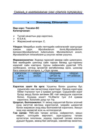 Çàéëøã¿é øààðäëàãàòàé ýìèéí çîõèñòîé õýðýãëýãýý


            ♦       Ýòèîíàìèä, Ethionamide

ªºð íýðñ: Tråcator-SC
Êàòåãîð÷èëàë:

   Òóñãàé õÿíàëòûí äîð õýðýãëýíý.
   K-5,K-6.
   Æèðýìñýíèé êàòåãîðè: C.

¯éëäýë: Ìèêðîáûí ýñèéí ïåïòèäèéí íèéëýãæëèéã ñààòóóëäàã
õýìýýí      ¿çäýã.     Mycobacterum       bovis,Mycobacterium
kansasii,Mycobacterium tuberculosis, Mycobacterium avium,
Mycobacterium intracellulare-ä ¿õ¿¿ëýõ íºëºº ¿ç¿¿ëíý.

Ôàðìàêîêèíåòèê: Õîäîîä ãýäýñíèé çàìààð ñàéí øèìýãäýíý,
áèå ìàõáîäèéí øèíãýíä ñàéí òàðõàõ áºãººä öóñ-òàðõèíû
õîðèãèéã ñàéí íýâòýðíý. Öóñíû ñèéâýíãèéí óóðàãòàé 10%
õîëáîãäîíî, ýëãýíä ýð÷èìòýé ìåòàáîëèçìä îðíî, øýýñýýð
áàãà õýìæýýòýé ÿëãàðíà. t1/2=3öàã îð÷èì.
 ÕÝÐÝÃËÝÕ        ¯ÉËÄÝË        ¯ÉËÄËÈÉÍ          ¯ÉËÄÝË
    ÀÐÃÀ         ÝÕËÝÕ         ÎÐÃÈË ¯Å        ¯ÐÃÝËÆËÝÕ
   óóõààð           .         Îéðîëöîîãîîð          .
                                 1.8öàã

Õýðýãëýõ çààëò áà àðãà: Óóøèãíû áîëîí óóøèãíû áóñ
   ñ¿ðüåýãèéí õàì ýì÷èëãýýíä õýðýãëýäýã. Íàñàíä õ¿ðýã÷äýä
   500ìã-1ãð/õîíîã òóíã 2 õóâààæ óóëãàäàã. Ñ¿ðüåýãèéí ýñðýã
   áóñàä ýì¿¿ä áîëîí âèòàìèí B6 -òàé õàâñðóóëæ õýðýãëýæ
   áîëíî. Õ¿¿õäýä õîíîãò 15-20ìã/êã òóíã 2-4 õóâààæ
   õýðýãëýíý. Õîíîãèéí äýýä òóí 1ãð.
Öýýðëýë, áîëãîîìæëîë: Óã ýìýíä õàðøèëòàé áîëîí ýëýãíèé
  õ¿íä ýìãýãòýé ºâ÷òºíä õýðýãëýõã¿é, ÷èõðèéí øèæèíòýé
  áîëîí æèðýìñýí ýõýä ìàø áîëãîîìæòîé õýðýãëýíý. Õºõ¿¿ë
  ýõýä õîð íºëººòýé ýñýõ íü íîòëîãäîîã¿é.
Ãàæ íºëºº: ÒÌÑ-èéí òàëààñ àñòåíè, íîéðìîãëîë, çàõûí
  íåâðèò, ñýòãýöèéí ººð÷ëºëò, ç¿ðõ-ñóäàñíû òàëààñ
  îðòîñòàòèê ãèïîòåíçè, õîäîîä ãýäýñíèé òàëààñ õîîëíû
  äóðøèë áóóðàõ, àìàíä áàë àìòàãäàõ, õýâëèéãýýð ýìçýãëýõ,

                                                         131
 