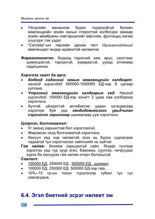 Ìèãðåíü ýì÷ëýõ ýì


•     ¯éëäëèéí     ìåõàíèçì   á¿ðýí   òîäîðõîéã¿é  áîëîâ÷
      ìººãºíöðèéí ýñèéí õàíûí ñòåðîëòîé õîëáîãäîõ çàìààð
      ýñèéí ìåìáðàíû íýâòýðøèëèéã ººð÷ëºí, ôóíãèöèä íºëºº
      ¿ç¿¿ëäýã ãýæ ¿çäýã.
•     “Candida”-ûí òºðëèéí äðîææ òºñò /äðîææåïîäîáíûé/
      ìººãºíöºðò ºíäºð èäýâõèòýé íºëººëíº.

Ôàðìàêîêèíåòèê: Õîäîîä ãýäýñíèé çàì, àðüñ, ñàëñòààñ
  øèìýãäýõã¿é, òàðõàõã¿é, õóâèðàõã¿é, óóõàä ºòãºíººð
  ãàäàãøèëíà.

Õýðýãëýõ çààëò áà àðãà:
• Õîäîîä ãýäýñíèé çàìûí ìººãºíöðèéí õàëäâàðò:
   íàñàíä õ¿ðýã÷äýä 500000-1000000 ÅÄ-ýýð 8 öàãààð
   óóëãàíà.
• ¯òðýýíèé ìººãºíöðèéí õàëäâàðûí ¿åä: Íàñàíä
   õ¿ðýã÷äýä: 100000 ÅÄ-ýýð õîíîãò 2 óäàà ëàà õýëáýðýýð
   õýðýãëýíý.
• Õ¿÷òýé ¿éëäýëòýé àíòèáèîòèê óäààí õóãàöààãààð
   õýðýãëýæ áóé ¿åä êàíäèäîìèêîçîîñ óðüä÷èëàí
   ñýðãèéëýõ çîðèëãîîð øàõìàëààð óóæ õýðýãëýíý.

Öýýðëýë, áîëãîîìæëîë:
• Óã ýìýíä õàðøèëòàé áîë õýðýãëýõã¿é.
• Æèðýìñýí ýõýä áîëãîîìæòîé õýðýãëýíý.
• Õºõ¿¿ë ¿åä õîð íºëººòýé ýñýõ íü á¿ðýí ñóäëàãäàæ
   ÷àäààã¿é òóë õýðýãëýõýýñ çàéëñõèéõ íü ç¿éòýé.
Ãàæ íºëºº: Çîõèìæ õàðüöàíãóé ñàéí. ªíäºð òóíãààð
  õýðýãëýõ ¿åä ò¿ð çóóð îãèõ, áººëæèõ, ñóóëãàõ, ÷è÷ð¿¿äýñ
  õ¿ðýõ áà õàëóóðàõ ãàæ íºëºº èëýð÷ áîëçîøã¿é.
Ñàâëàëò:
• 100000 ÅÄ, 250000 ÅÄ , 500000 ÅÄ, øàõìàë,
• 100000 ÅÄ, 250000 ÅÄ, 500000 ÅÄ-ýýð ëàà,
• 10%--15 ãð-ûí òîñîí ò¿ðõëýãýýð òóáèêò òóñ òóñ
   ñàâëàãäàíà.



6.4. Ýãýë áèåòíèé ýñðýã íºëººò ýì
136
 