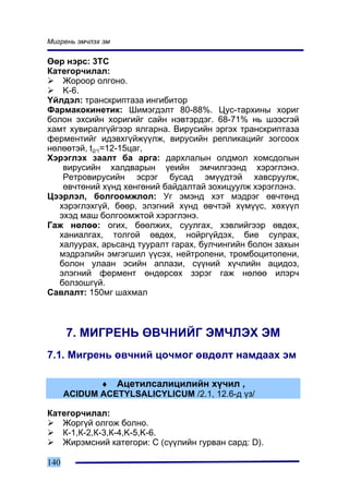 Ìèãðåíü ýì÷ëýõ ýì

ªºð íýðñ: 3TC
Êàòåãîð÷èëàë:
    Æîðîîð îëãîíî.
    K-6.
¯éëäýë: òðàíñêðèïòàçà èíãèáèòîð
Ôàðìàêîêèíåòèê: Øèìýãäýëò 80-88%. Öóñ-òàðõèíû õîðèã
áîëîí ýõñèéí õîðèãèéã ñàéí íýâòýðäýã. 68-71% íü øýýñãýé
õàìò õóâèðàëã¿éãýýð ÿëãàðíà. Âèðóñèéí ýðãýõ òðàíñêðèïòàçà
ôåðìåíòèéã èäýâõã¿éæ¿¿ëæ, âèðóñèéí ðåïëèêàöèéã çîãñîîõ
íºëººòýé, t2/1=12-15öàã,
Õýðýãëýõ çààëò áà àðãà: äàðõëàëûí îëäìîë õîìñäîëûí
    âèðóñèéí õàëäâàðûí ¿åèéí ýì÷èëãýýíä õýðýãëýíý.
    Ðåòðîâèðóñèéí ýñðýã áóñàä ýì¿¿äòýé õàâñðóóëæ,
    ºâ÷òºíèé õ¿íä õºíãºíèé áàéäàëòàé çîõèöóóëæ õýðýãëýíý.
Öýýðëýë, áîëãîîìæëîë: Óã ýìýíä õýò ìýäðýã ºâ÷òºíä
   õýðýãëýõã¿é, áººð, ýëýãíèé õ¿íä ºâ÷òýé õ¿ì¿¿ñ, õºõ¿¿ë
   ýõýä ìàø áîëãîîìæòîé õýðýãëýíý.
Ãàæ íºëºº: îãèõ, áººëæèõ, ñóóëãàõ, õýâëèéãýýð ºâäºõ,
   õàíèàëãàõ, òîëãîé ºâäºõ, íîéðã¿éäýõ, áèå ñóëðàõ,
   õàëóóðàõ, àðüñàíä òóóðàëò ãàðàõ, áóë÷èíãèéí áîëîí çàõûí
   ìýäðýëèéí ýìãýãøèë ¿¿ñýõ, íåéòðîïåíè, òðîìáîöèòîïåíè,
   áîëîí óëààí ýñèéí àïëàçè, ñ¿¿íèé õ¿÷ëèéí àöèäîç,
   ýëýãíèé ôåðìåíò ºíäºðñºõ çýðýã ãàæ íºëºº èëýð÷
   áîëçîøã¿é.
Ñàâëàëò: 150ìã øàõìàë



      7. ÌÈÃÐÅÍÜ ªÂ×ÍÈÉÃ ÝÌ×ËÝÕ ÝÌ
7.1. Ìèãðåíü ºâ÷íèé öî÷ìîã ºâäºëò íàìäààõ ýì

             ♦ Àöåòèëñàëèöèëèéí õ¿÷èë ,
      ACIDUM ACETYLSALICYLICUM /2.1, 12.6-ä ¿ç/

Êàòåãîð÷èëàë:
   Æîðã¿é îëãîæ áîëíî.
   Ê-1,Ê-2,Ê-3,Ê-4,K-5,K-6.
   Æèðýìñíèé êàòåãîðè: C (ñ¿¿ëèéí ãóðâàí ñàðä: D).

140
 
