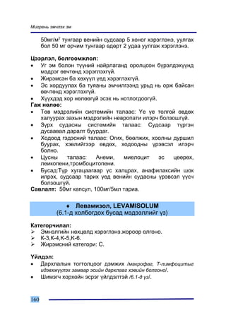 Ìèãðåíü ýì÷ëýõ ýì

      50ìã/ì2 òóíãààð âåíèéí ñóäñààð 5 õîíîã õýðýãëýíý, óóëãàõ
      áîë 50 ìã îð÷èì òóíãààð ºäºðò 2 óäàà óóëãàæ õýðýãëýíý.

Öýýðëýë, áîëãîîìæëîë:
• Óã ýì áîëîí ò¿¿íèé íàéðëàãàíä îðîëöñîí á¿ðýëäýõ¿¿íä
   ìýäðýã ºâ÷òºíä õýðýãëýõã¿é.
• Æèðýìñýí áà õºõ¿¿ë ¿åä õýðýãëýõã¿é.
• Ýñ õîðäóóëàõ áà òóÿàíû ýì÷èëãýýíä óðüä íü îðæ áàéñàí
   ºâ÷òºíä õýðýãëýõã¿é.
• Õ¿¿õäýä õîð íºëººã¿é ýñýõ íü íîòëîãäîîã¿é.
Ãàæ íºëºº:
• Òºâ ìýäðýëèéí ñèñòåìèéí òàëààñ: ¯å ¿å òîëãîé ºâäºõ
   õàëóóðàõ çàõûí ìýäðýëèéí íåâðîïàòè èëýð÷ áîëçîøã¿é.
• Ç¿ðõ ñóäàñíû ñèñòåìèéí òàëààñ: Ñóäñààð ò¿ðãýí
   äóñààâàë äàðàëò áóóðäàã.
• Õîäîîä ãýäýñíèé òàëààñ: Îãèõ, áººëæèõ, õîîëíû äóðøèë
   áóóðàõ, õýâëèéãýýð ºâäºõ, õîäîîäíû ¿ðýâñýë èëýð÷
   áîëíî.
• Öóñíû     òàëààñ:     Àíåìè,  ìèåëîöèò     ýñ  öººðºõ,
   ëåèêîïåíè,òðîìáîöèòîïåíè.
• Áóñàä:Ò¿ð õóãàöààãààð ¿ñ õàëöðàõ, àíàôèëàêñèéí øîê
   èëðýõ, ñóäñààð òàðèõ ¿åä âåíèéí ñóäàñíû ¿ðýâñýë ¿¿ñ÷
   áîëçîøã¿é.
Ñàâëàëò: 50ìã êàïñóë, 100ìã/5ìë òàðèà.

               ♦ Ëåâàìèçîë, LEVAMISOLUM
           (6.1-ä õîëáîãäîõ áóñàä ìýäýýëëèéã ¿ç)

Êàòåãîð÷èëàë:
   Ýìíýëãèéí íºõöºëä õýðýãëýíý.æîðîîð îëãîíî.
   Ê-3,Ê-4,K-5,K-6.
   Æèðýìñíèé êàòåãîðè: C.

¯éëäýë:
• Äàðõëàëûí òîãòîëöîîã äýìæèõ /ìàêðîôàã, Ò-ëèìôîöèòûã
   èäýâõæ¿¿ëýõ çàìààð ýñèéí äàðõëààã õýâèéí áîëãîíî/.
• Øèìýã÷ õîðõîéí ýñðýã ¿éëäýëòýé /6.1-ä ¿ç/.



160
 