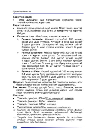 Öóñàíä íºëººëºõ ýì

Õýðýãëýõ çààëò:
• Òºìºð äóòàãäëûí öóñ áàãàäàëòààñ ñýðãèéëýõ áîëîí
   ò¿¿íèé ýì÷èëãýýíä õýðýãëýíý.
Õýðýãëýõ àðãà:
• Íàñàíä õ¿ðñýí ýðýãòýé õ¿íä: õîíîãò 10 ìã òºìºð, ýìýãòýé
   õ¿íä 18 ìã, æèðýìñýí ¿åä 30-60 ìã òºìºð òóñ òóñ õýðýãòýé
   áàéäàã.
• Èõýâ÷ëýí õîíîãò 6 ìã/êã-ààð òîîöîí õýðýãëýäýã.
   ◊ Ferrous fumarate: Íàñàíä õ¿ðýã÷äýä: 200 ìã-ààð
       ºäºðò 2-3 óäàà óóëãàíà. Õ¿¿õäýä: 3 ìã/êã-ààð õîíîãò
       3 óäàà óóëãàíà. Øààðäëàãàòàé ¿åä çîõèìæ ñàéòàé
       áàéâàë òóíã 6 ìã/êã õ¿ðòýë èõýñãýí, õîíîãò 3 óäàà
       óóëãàæ áîëíî.
   ◊ Ferrous gluconate: Íàñàíä õ¿ðýã÷äýä: 300-325 ìã-ààð
       õîíîãò 4 õ¿ðòýë óäàà óóëãàõ áà øààðäëàãàòàé ¿åä
       çîõèìæ ñàéòàé áàéâàë 650 õ¿ðòýë ìã-ààð õîíîãò
       4 óäàà óóëãàæ áîëíî. 2-îîñ äýýø íàñòàé õ¿¿õäýä:
       õîíîãò 8 ìã/êã-ûã 3 óäàà óóëãàõ áóþó øààðäëàãàòàé
       ¿åä çîõèìæòîé áîë 16 ìã õ¿ðòýë òóíãààð õîíîãò 3
       óäàà óóëãàæ áîëíî.
   ◊ Ferrous sulfate: Íàñàíä õ¿ðýã÷äýä: 325 ìã-ààð õîíîãò
       3-4 óäàà óóëãàõ áóþó óðòàñãàñàí ¿éë÷èëãýýò êàïñóëûã
       áîë /160-525 ìã/ õîíîãò 2 óäàà óóëãàíà. Õ¿¿õäýä: 5-10
       ìã/êã-ààð õîíîãò 3 óäàà óóëãàíà.
Öýýðëýë: Ãåìîõðîìàòîç, àïëàñòèê áà ãåìîëèòèê àíåìè, ýëýã
  áººðíèé àðõàã ºâ÷èí, ëåéêîç ºâ÷íèé ¿åä õýðýãëýõã¿é.
Ãàæ íºëºº: Õîîëîíä äóðã¿é áîëîõ, îãèõ, áººëæèõ, ºòãºí
  õàòàõ, ñóóëãàõ, ºòãºí õàð ºíãºòýé ãàðàõ, ø¿ä õàðëàõ
  çýðýã ãàæ íºëºº àæèãëàãäàæ áîëçîøã¿é
Ñàâëàëò:
• Òºìðèéí ñóëüôàò, 300ìã/60 ìã òºìºðòýé/, øàõìàë,
• Òºìðèéí ôóìàðàò, 200ìã, øàõìàë,
• Òºìðèéí ãëþêîíàò, 300ìã, øàõìàë,
• Óóæ õýðýãëýõ óóñìàë 25ìã òºìºðòýé, ñóëüôàò ã.ì.,
⇒ Ñ¿¿ëèéí ¿åä òºìðèéí çýðýãöýýãýýð àñêîðáèíû õ¿÷èë, ôîëèéí
  õ¿÷èë áîëîí áóñàä âèòàìèíû íàéðëàãàòàé áýëäìýë¿¿ä
  áýëòãýãäýí, ïðàêòèêò õýðýãëýãäýæ áàéíà.
⇒ Òºìðèéí äàí áýëäìýëèéã äàâñíû õ¿÷ëèéí áà àñêîðáèíû
  õ¿÷ëèéí óóñìàë, ýñâýë æèìñíèé ø¿¿ñýýð äàðóóëæ óóâàë
  øèìýãäýëò ñàéí áàéõ áîëíî.

170
 