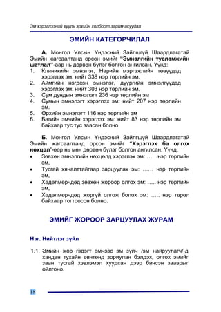 Ýì õýðýãëýýíèé õóóëü ýðõèéí õîëáîîò çàðèì àñóóäàë


                 ÝÌÈÉÍ ÊÀÒÅÃÎÐ×ÈËÀË
   À. Ìîíãîë Óëñûí ¯íäýñíèé Çàéëøã¿é Øààðäëàãàòàé
Ýìèéí æàãñààëòàíä îðñîí ýìèéã “Ýìíýëãèéí òóñëàìæèéí
øàòëàë”-ààð íü äºðâºí á¿ëýã áîëãîí àíãèëñàí. ¯¿íä:
1. Êëèíèêèéí ýìíýëýã, Íàðèéí ìýðãýæëèéí òºâ¿¿äýä
   õýðýãëýõ ýì: íèéò 338 íýð òºðëèéí ýì.
2. Àéìãèéí íýãäñýí ýìíýëýã, ä¿¿ðãèéí ýìíýëã¿¿äýä
   õýðýãëýõ ýì: íèéò 303 íýð òºðëèéí ýì.
3. Ñóì äóíäûí ýìíýëýãò 236 íýð òºðëèéí ýì
4. Ñóìûí ýìíýëýãò õýðýãëýõ ýì: íèéò 207 íýð òºðëèéí
   ýì.
5. ªðõèéí ýìíýëýãò 116 íýð òºðëèéí ýì
6. Áàãèéí ýì÷èéí õýðýãëýõ ýì: íèéò 83 íýð òºðëèéí ýì
   áàéõààð òóñ òóñ çààñàí áîëíî.

    Á. Ìîíãîë Óëñûí ¯íäýñíèé Çàéëãø¿é Øààðäëàãàòàé
Ýìèéí æàãñààëòàíä îðñîí ýìèéã “Õýðýãëýõ áà îëãîõ
íºõöºë”-ººð íü ìºí äºðâºí á¿ëýã áîëãîí àíãèëñàí. ¯¿íä:
•   Çºâõºí ýìíýëãèéí íºõöºëä õýðýãëýõ ýì: ……íýð òºðëèéí
    ýì,
•   Òóñãàé õÿíàëòòàéãààð çàðöóóëàõ ýì: …… íýð òºðëèéí
    ýì,
•   Õºäºëìºð÷äºä çºâõºí æîðîîð îëãîõ ýì: ….. íýð òºðëèéí
    ýì,
•   Õºäºëìºð÷äºä æîðã¿é îëãîæ áîëîõ ýì: ….. íýð òºðºë
    áàéõààð òîãòîîñîí áîëíî.


        ÝÌÈÉÃ ÆÎÐÎÎÐ ÇÀÐÖÓÓËÀÕ ÆÓÐÀÌ

Íýã. Íèéòëýã ç¿éë

1.1. Ýìèéí æîð ãýäýãò ýì÷ýýñ ýì ç¿é÷ /ýì íàéðóóëàã÷/-ä
     õàíäàí òóõàéí ºâ÷òºíä çîðèóëàí áýëäýõ, îëãîõ ýìèéã
     çààí òóñãàé õýâëýìýë õóóäñàí äýýð áè÷ñýí çààâðûã
     îéëãîíî.



18
 