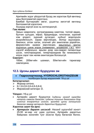Ç¿ðõ ñóäàñíû áýëäìýë

  Àðèòìèéí ýñðýã ¿éëäýëòýé áóñàä ýì õýðýãëýæ áóé ºâ÷òºíä
  ìàø áîëãîîìæòîé õýðýãëýíý.
  Áàìáàé áóë÷èðõàéí ýìãýã, óóøèãíû ýìãýãòýé ºâ÷òºíä
  áîëãîîìæòîé õýðýãëýíý.
  Õ¿¿õäýä õîðã¿é ýñýõ íü íîòëîãäîîã¿é.
Ãàæ íºëºº:
  Çàõûí íåâðîïàòè, ýêñòðàïèðàìèä ñèìïòîì, òîëãîé ºâäºõ,
  áóë÷èí ñóëüäàõ, ÿäðàõ, áðàäèêàðäè, ãèïîòåíçè, ç¿ðõíèé
  õýì àëäàëò, ç¿ðõíèé äóòàãäàë, í¿äíèé ýâýðëýãèéí
  ìèêðîäåïîçèò, õàðàà ººð÷ëºãäºõ, äîòîð ìóóõàéðàõ,
  áººëæèõ, ºòãºí õàòàõ, ýëýãíèé ¿éë àæèëëàãàà äîðîéòîí,
  ôåðìåíòèéí èäýâõè ººð÷ëºãäºõ, àìüñãàëûí ýðõòýí
  õîäëîãûí øèíæ èëðýõ (ïíåâìîíèò, àëüâåîëèò ã.ì.), àðüñ
  ãýðýëä ìýäðýãøèõ, àðüñàí äýýð õºõ-ñààðàë ïèãìåíòàöè
  ¿¿ñýõ, ãèïîòèðîèäèçì, ãèïåðòèðîèäèçì áà ãèíåêîìàñòè
  èëðýõ çýðýã ãàæ íºëºº àæèãëàãäàæ áîëçîøã¿é.
Ñàâëàëò:
  100ìã, 200ìã-èéí øàõìàë, 50ìã/ìë-èéí òàðèàãààð
  ñàâëàãäàíà.


12.3. Öóñíû äàðàëò áóóðóóëàõ ýì
  ♦     Ãèäðîõëîðòèàçèä, HYDROCHLOROTHIAZIDUM
             /õîëáîãäîõ áóñàä ìýäýýëëèéã 16-ä ¿ç/
Êàòåãîð÷èëàë:
   Æîðîîð îëãîíî.
   K-1,Ê-2,Ê-3,Ê-4,K-5,K-6.
   Æèðýìñíèé êàòåãîðè: D.

¯éëäýë: /16-ä ¿ç/
• Àðòåðèéí äàðàëò áóóðóóëíà /ñóäàñíû õàíàíä õóðàëäàõ
      íàòðèéí õýìæýýã áàãàñãàí, ñóäàñíû òîíóñûã áàãàñãàõûí äýýð
      øýýñíèé ÿëãàðàëòûã èõýñãýí, ýðãýëäýõ öóñíû ýçëýõ¿¿íèéã
      áàãàñãàõ çàìààð àðòåðèéí äàðàëòûã áóóðóóëíà/.
Õýðýãëýõ çààëò áà àðãà:
• Àðòåðèéí äàðàëò èõñýõýä: Íàñàíä õ¿ðýã÷äýä õîíîãò
   25-50 ìã-ààð íýã óäàà óóëãàíà. Àðòåðèéí äàðàëòûí
   áàéäëààñ õîíîãèéí òóíã èõýñãýõ áóþó áàãàñãàæ áîëíî.



198
 