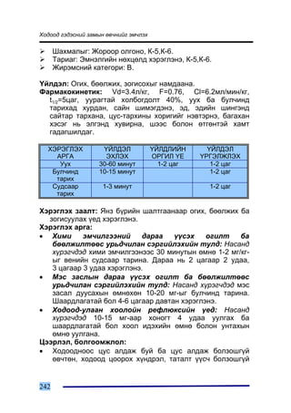 Õîäîîä ãýäýñíèé çàìûí ºâ÷íèéã ýì÷ëýõ

      Øàõìàëûã: Æîðîîð îëãîíî, Ê-5,Ê-6.
      Òàðèàã: Ýìíýëãèéí íºõöºëä õýðýãëýíý, Ê-5,Ê-6.
      Æèðýìñíèé êàòåãîðè: B.

¯éëäýë: Îãèõ, áººëæèõ, çîãèñîõûã íàìäààíà.
Ôàðìàêîêèíåòèê: Vd=3.4ë/êã, F=0.76, Cl=6.2ìë/ìèí/êã,
  t1/2=5öàã, óóðàãòàé õîëáîãäîëò 40%, óóõ áà áóë÷èíä
  òàðèõàä õóðäàí, ñàéí øèìýãäýíý, ýä, ýäèéí øèíãýíä
  ñàéòàð òàðõàíà, öóñ-òàðõèíû õîðèãèéã íýâòýðíý, áàãàõàí
  õýñýã íü ýëãýíä õóâèðíà, øýýñ áîëîí ºòãºíòýé õàìò
  ãàäàãøèëäàã.

  ÕÝÐÝÃËÝÕ          ¯ÉËÄÝË             ¯ÉËÄËÈÉÍ      ¯ÉËÄÝË
    ÀÐÃÀ             ÝÕËÝÕ             ÎÐÃÈË ¯Å    ¯ÐÃÝËÆËÝÕ
     Óóõ           30-60 ìèíóò           1-2 öàã      1-2 öàã
   Áóë÷èíä         10-15 ìèíóò                        1-2 öàã
    òàðèõ
   Ñóäñààð           1-3 ìèíóò                       1-2 öàã
    òàðèõ

Õýðýãëýõ çààëò: ßíç á¿ðèéí øàëòãààíààð îãèõ, áººëæèõ áà
  çîãèñóóëàõ ¿åä õýðýãëýíý.
Õýðýãëýõ àðãà:
• Õèìè      ýì÷èëãýýíèé      äàðàà  ¿¿ñýõ    îãèëò    áà
   áººëæèëòººñ óðüä÷èëàí ñýðãèéëýõèéí òóëä: Íàñàíä
   õ¿ðýã÷äýä õèìè ýì÷èëãýýíýýñ 30 ìèíóòûí ºìíº 1-2 ìã/êã-
   ûã âåíèéí ñóäñààð òàðèíà. Äàðàà íü 2 öàãààð 2 óäàà,
   3 öàãààð 3 óäàà õýðýãëýíý.
• Ìýñ çàñëûí äàðàà ¿¿ñýõ îãèëò áà áººëæèëòººñ
   óðüä÷èëàí ñýðãèéëýõèéí òóëä: Íàñàíä õ¿ðýã÷äýä ìýñ
   çàñàë äóóñàõûí ºìíºõºí 10-20 ìã-ûã áóë÷èíä òàðèíà.
   Øààðäëàãàòàé áîë 4-6 öàãààð äàâòàí õýðýãëýíý.
• Õîäîîä-óëààí õîîëîéí ðåôëþêñèéí ¿åä: Íàñàíä
   õ¿ðýã÷äýä 10-15 ìã-ààð õîíîãò 4 óäàà óóëãàõ áà
   øààðäëàãàòàé áîë õîîë èäýõèéí ºìíº áîëîí óíòàõûí
   ºìíº óóëãàíà.
Öýýðëýë, áîëãîîìæëîë:
• Õîäîîäíîîñ öóñ àëäàæ áóé áà öóñ àëäàæ áîëçîøã¿é
   ºâ÷òºí, õîäîîä öîîðîõ õ¿íäðýë, òàòàëò ¿¿ñ÷ áîëçîøã¿é


242
 