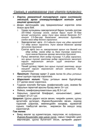 Çàéëøã¿é øààðäëàãàòàé ýìèéí çîõèñòîé õýðýãëýãýý
• Õýðëýã, ðåâìàòîèä ïîëèàðòðèò çýðýã ñèñòåìèéí
  ýìãýã¿¿ä, àðõàã ãëîìåðóëîíåôðèò ìýòèéí õ¿íä
  ÿâöòàé ¿ðýâñë¿¿ä.
⇒ Äýýðõ ýìãýã¿¿äèéí ¿åä ïðåäíèçîëîíûã õýðýãëýõ îëîí
  ÿíçûí àðãà áèé.
  ◊  Óäààí õóãàöààíû çàâñàðëàãàã¿é áàðèõ òóíãèéí äýãëýì
       /20-100ìã òóíãààð ýõýëæ, ààæèì áàðèõ òóíä /5-15ìã
       îð÷èì/ øèëæ¿¿ëíý, öààø òóíã ìàø ààæèì áàãàñãàí /5-7
       õîíîãò 2.5-5ìã-ààð áàãàñãàíà/ ýì÷èëãýýã äóóñãàäàã,
       ãýõäýý ýìýý ºäºð áîëãîí õýðýãëýíý/,
    ◊  Çàâñàðëàãààò àðãà /2-3 ºäðèéí òóíã íýã óäàà õýðýãëýýä
       1-2 ºäºð ºíæèí õýðýãëýíý, òóíã ààæèì áàãàñãàõ àðãààð
       ýì÷èëãýýã äóóñãàíà/.
       Ñýëãýý àðãà /ýíý íü çàâñàðëàãààò àðãûí íýã áºãººä íýã
            ºäºð ºíäºð, íºãºº ºäºð íü áàãà òóíãààð õýðýãëýíý,
            òóíã ààæèì áàãàñãàõ àðãààð ýì÷èëãýýã äóóñãàíà/.
    ◊  Ïóëüñ ýì÷èëãýý /Õýò ºíäºð òóíãààð 1-3 óäàà õýðýãëýíý,
       ýíý àðãûã òóñãàé çààëòààð ºíäºð çýðýãëýëèéí ýìíýëýãò
       íàðèéí ìýðãýæëèéí ýì÷èéí øóóä õÿíàëòûí äîð
       ã¿éöýòãýíý/
    ◊  ¯åíèé óóòàíä òàðèõ /ýíý àðãûã òóñãàé çààëòààð, àðèóí
       íºõöºëä íàðèéí ìýðãýæëèéí ýì÷èéí õÿíàëòûí äîð
       ã¿éöýòãýíý/.
•   Ïðîêòèò: Ëààãààð ºäºðò 2 óäàà /ºãëºº áà ¿äýø óíòàõûí
    ºìíº/ øóëóóí ãýäñýýð õýðýãëýíý.
•  Øàðõëààò êîëèò: ¯äýø óíòàõûí ºìíº áóðãóéãààð
   2-7 äîëîî õîíîã õýðýãëýíý.
• Ãóóðñàí õîîëîéí áàãòðàà, àíàôèëàêñèéí øîê, ýêçåìà áà
   õàðøëûí ãàðàëòàé àðüñíû áóñàä ýìãýã /3-ò ¿ç/.
• Ëåéêîç, ëèìôîãðàíóëîìàòîçûí ¿åä /8.3-ò ¿ç/.
• Õàðøëûí ãàðàëòàé áëåôàðèò, êîíúþíêòèâèò, óâåèò,
   ñêëåðèò /21.2-ò ¿ç/.
Öýýðëýë: Öóñíû äàðàëò èõñýõ ºâ÷èí, ÷èõðèéí øèæèí, öóñíû
  ýðãýëòèéí äóòàãäàë, Èöåíêî-Êóøèíãèéí ºâ÷èí, õîäîîä
  ãýäýñíèé øàðõëàà, ìººãºíöðèéí õàëäâàð, èäýâõèòýé
  ñ¿ðüåý, òýìá¿¿òýé ºâ÷òºí, æèðýìñýí áà õºõ¿¿ë ýõýä
  õýðýãëýõã¿é.
Ãàæ íºëºº:
• Áèåä ººõëºã ýä õóðèìòëàãäàõ, ãèðñóòèçì, ÿñ ñèéðýãøèõ,
   Èöåíêî-Êóøèíãèéí õàì øèíæ ¿¿ñýõ, ñàðûí òýìäãèéí öèêë
   ººð÷ëºãäºõ, öóñíû á¿ëýãíýëò èõñýõ, àðòåðèéí äàðàëò

                                                         253
 