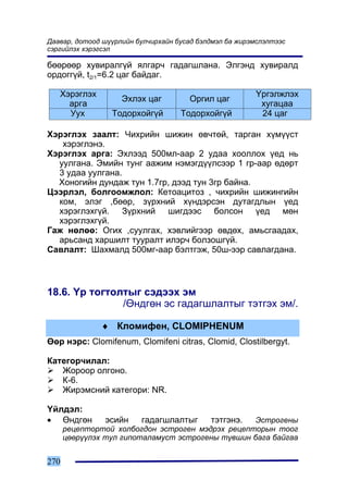 Äààâàð, äîòîîä ø¿¿ðëèéí áóë÷èðõàéí áóñàä áýëäìýë áà æèðýìñëýëòýýñ
ñýðãèéëýõ õýðýãñýë

áººðººð õóâèðàëã¿é ÿëãàð÷ ãàäàãøëàíà. Ýëãýíä õóâèðàëä
îðäîãã¿é, t2/1=6.2 öàã áàéäàã.

   Õýðýãëýõ                                             ¯ðãýëæëýõ
                    Ýõëýõ öàã         Îðãèë öàã
     àðãà                                                õóãàöàà
     Óóõ         Òîäîðõîéã¿é        Òîäîðõîéã¿é          24 öàã

Õýðýãëýõ çààëò: ×èõðèéí øèæèí ºâ÷òºé, òàðãàí õ¿ì¿¿ñò
   õýðýãëýíý.
Õýðýãëýõ àðãà: Ýõëýýä 500ìë-ààð 2 óäàà õîîëëîõ ¿åä íü
  óóëãàíà. Ýìèéí òóíã ààæèì íýìýãä¿¿ëñýýð 1 ãð-ààð ºäºðò
  3 óäàà óóëãàíà.
  Õîíîãèéí äóíäàæ òóí 1.7ãð, äýýä òóí 3ãð áàéíà.
Öýýðëýë, áîëãîîìæëîë: Êåòîàöèòîç , ÷èõðèéí øèæèíãèéí
  êîì, ýëýã ,áººð, ç¿ðõíèé õ¿íäýðñýí äóòàãäëûí ¿åä
  õýðýãëýõã¿é. Ç¿ðõíèé øèãäýýñ áîëñîí ¿åä ìºí
  õýðýãëýõã¿é.
Ãàæ íºëºº: Îãèõ ,ñóóëãàõ, õýâëèéãýýð ºâäºõ, àìüñãààäàõ,
  àðüñàíä õàðøèëò òóóðàëò èëýð÷ áîëçîøã¿é.
Ñàâëàëò: Øàõìàëä 500ìã-ààð áýëòãýæ, 50ø-ýýð ñàâëàãäàíà.



18.6. ¯ð òîãòîëòûã ñýäýýõ ýì
               /ªíäãºí ýñ ãàäàãøëàëòûã òýòãýõ ýì/.

               ♦ Êëîìèôåí, CLOMIPHENUM
ªºð íýðñ: Clomifenum, Clomifeni citras, Clomid, Clostilbergyt.

Êàòåãîð÷èëàë:
   Æîðîîð îëãîíî.
   Ê-6.
   Æèðýìñíèé êàòåãîðè: NR.

¯éëäýë:
• ªíäãºí        ýñèéí    ãàäàãøëàëòûã   òýòãýíý.   Ýñòðîãåíû
      ðåöåïòîðòîé õîëáîãäîí ýñòðîãåí ìýäðýõ ðåöåïòîðûí òîîã
      öººð¿¿ëýõ òóë ãèïîòàëàìóñò ýñòðîãåíû ò¿âøèí áàãà áàéãàà


270
 
