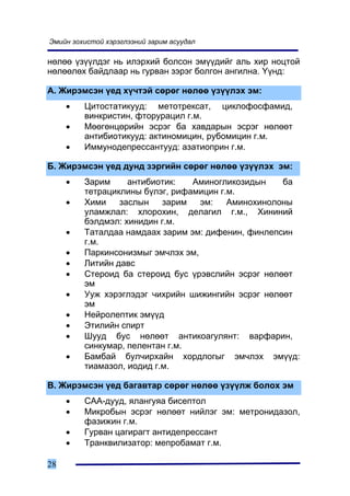 Ýìèéí çîõèñòîé õýðýãëýýíèé çàðèì àñóóäàë

íºëºº ¿ç¿¿ëäýã íü èëýðõèé áîëñîí ýì¿¿äèéã àëü õèð íîöòîé
íºëººëºõ áàéäëààð íü ãóðâàí çýðýã áîëãîí àíãèëíà. ¯¿íä:

À. Æèðýìñýí ¿åä õ¿÷òýé ñºðºã íºëºº ¿ç¿¿ëýõ ýì:
     •   Öèòîñòàòèêóóä: ìåòîòðåêñàò, öèêëîôîñôàìèä,
         âèíêðèñòèí, ôòîðóðàöèë ã.ì.
     •   Ìººãºíöºðèéí ýñðýã áà õàâäàðûí ýñðýã íºëººò
         àíòèáèîòèêóóä: àêòèíîìèöèí, ðóáîìèöèí ã.ì.
     •   Èììóíîäåïðåññàíòóóä: àçàòèîïðèí ã.ì.

Á. Æèðýìñýí ¿åä äóíä çýðãèéí ñºðºã íºëºº ¿ç¿¿ëýõ ýì:
     •   Çàðèì     àíòèáèîòèê:   Àìèíîãëèêîçèäûí    áà
         òåòðàöèêëèíû á¿ëýã, ðèôàìèöèí ã.ì.
     •   Õèìè    çàñëûí    çàðèì   ýì:   Àìèíîõèíîëîíû
         óëàìæëàë: õëîðîõèí, äåëàãèë ã.ì., Õèíèíèé
         áýëäìýë: õèíèäèí ã.ì.
     •   Òàòàëäàà íàìäààõ çàðèì ýì: äèôåíèí, ôèíëåïñèí
         ã.ì.
     •   Ïàðêèíñîíèçìûã ýì÷ëýõ ýì,
     •   Ëèòèéí äàâñ
     •   Ñòåðîèä áà ñòåðîèä áóñ ¿ðýâñëèéí ýñðýã íºëººò
         ýì
     •   Óóæ õýðýãëýäýã ÷èõðèéí øèæèíãèéí ýñðýã íºëººò
         ýì
     •   Íåéðîëåïòèê ýì¿¿ä
     •   Ýòèëèéí ñïèðò
     •   Øóóä áóñ íºëººò àíòèêîàãóëÿíò: âàðôàðèí,
         ñèíêóìàð, ïåëåíòàí ã.ì.
     •   Áàìáàé áóë÷èðõàéí õîðäëîãûã ýì÷ëýõ ýì¿¿ä:
         òèàìàçîë, èîäèä ã.ì.

Â. Æèðýìñýí ¿åä áàãàâòàð ñºðºã íºëºº ¿ç¿¿ëæ áîëîõ ýì
     •   ÑÀÀ-äóóä, ÿëàíãóÿà áèñåïòîë
     •   Ìèêðîáûí ýñðýã íºëººò íèéëýã ýì: ìåòðîíèäàçîë,
         ôàçèæèí ã.ì.
     •   Ãóðâàí öàãèðàãò àíòèäåïðåññàíò
     •   Òðàíêâèëèçàòîð: ìåïðîáàìàò ã.ì.

28
 