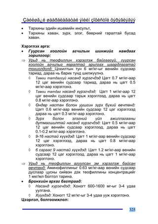 Çàéëøã¿é øààðäëàãàòàé ýìèéí çîõèñòîé õýðýãëýãýý
•   Òàðõèíû ýäèéí èøåìèéí èíñóëüò,
•   Òàðõèíû õàâàí, ç¿ðõ, ýëýã, áººðíèé ãàðàëòàé áóñàä
    õàâàí.

Õýðýãëýõ àðãà:
• Ãóóðñàí õîîëîéí àã÷èëûí øèíæèéã íàìäààõ
   çîðèëãîîð:
⇒ Óðüä íü òåîôèëëèí õýðýãëýæ áàéãààã¿é, ãóóðñàí
   õîîëîéí àã÷èëûã ÿàðàëòàé àðèëãàõ øààðäëàãàòàé
   òîõèîëäîëä: Öîõèëòûí òóí 6 ìã/êã-ûã âåíèéí ñóäñààð
   òàðèàä, äàðàà íü áàðèõ òóíä øèëæ¿¿ëíý.
   ◊ Òàìõè òàòäàãã¿é íàñàíä õ¿ðýã÷äýä Öàãò 0.7 ìã/êã-ààð
       12 öàã âåíèéí ñóäñààð òàðèàä, äàðàà íü öàãò 0.5
       ìã/êã-ààð õýðýãëýíý.
   ◊ Òàìõè òàòäàã íàñàíä õ¿ðýã÷äýä: Öàãò 1 ìã/êã-ààð 12
       öàã âåíèéí ñóäñààð òàðüæ õýðýãëýýä, äàðàà íü öàãò
       0.8 ìã/êã-ààð õýðýãëýíý.
   ◊ ªíäºð íàñòàí áîëîí óóøãèí ç¿ðõ á¿õèé ºâ÷òºíä:
       Öàãò 0.6 ìã/êã-ààð âåíèéí ñóäñààð 12 öàã õýðýãëýýä
       äàðàà íü öàãò 0.3 ìã/êã-ààð õýðýãëýíý.
   ◊ Ç¿ðõ        áîëîí      ýëýãíèé     ¿éë   àæèëëàãààíû
       äóòìàãøèëòàé íàñàíä õ¿ðýã÷äýä: Öàãò 0.5 ìã/êã-ààð
       12 öàã âåíèéí ñóäñààð õýðýãëýýä, äàðàà íü öàãò
       0.1-0.2 ìã/êã-ààð õýðýãëýíý.
   ◊ 9-16 íàñòàé õ¿¿õäýä: Öàãò 1 ìã/êã-ààð âåíèéí ñóäñààð
       12 öàã õýðýãëýýä, äàðàà íü öàãò 0.8 ìã/êã-ààð
       õýðýãëýíý.
   ◊ 6 ñàðààñ 9 íàñòàé õ¿¿õäýä: Öàãò 1.2 ìã/êã-ààð âåíèéí
       ñóäñààð 12 öàã õýðýãëýýä, äàðàà íü öàãò 1 ìã/êã-ààð
       õýðýãëýíý.
⇒ Óðüä íü òåîôèëëèí àãóóëñàí ýì õýðýãëýæ áàéñàí
   ºâ÷òºíä: Àìèíîôèëëèíûã 0.63 ìã/êã-ààð âåíèéí ñóäñààð
   äóñëààð öóñíû ñèéâýí äýõ òåîôèëëèíû êîíöåíòðàöèéã
   1 ìêã/ìë áîëòîë òàðèíà.
• Áðîíõèéí àðõàã áàãòðààä:
   ◊ Íàñàíä õ¿ðýã÷äýä: Õîíîãò 600-1600 ìã-ûã 3-4 óäàà
       óóëãàíà.
   ◊ Õ¿¿õäýä: Õîíîãò 12 ìã/êã-ûã 3-4 óäàà óóæ õýðýãëýíý.
Öýýðëýë, áîëãîîìæëîë:

                                                      325
 