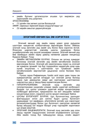 Õàâñðàëò

•  óìàéí áóë÷èíã ¿ðãýëæë¿¿ëýí àãøààõ òóë æèðýìñýí            ¿åä
   õýðýãëýõèéã îíö öýýðëýíý.
ÝÒÎÑÓÊÑÅÌÈÄ
•  /1/ óðãèéí ãàæ õºãæèë ¿¿ñãýæ áîëçîøã¿é
ÝÔÈÐ, íàðêîçûí /åðºíõèé ìýäýý àëäóóëàã÷èäûã ¿ç/
•  /3/ íÿðàéí àìüñãàë äàðàíãóéëàãäàõ



           ÝËÝÃÍÈÉ ªÂ×ÈÍ ÁÀ ÝÌ ÕÝÐÝÃËÝÝ

      Ýëýãíèé ºâ÷íèé ¿åä ýìèéí õàðèó óðâàë äîîð äóðüäñàí
øàëòãààí íºõöºëòýé õîëáîîòîéãîîð ººð÷ëºãäºæ áîëíî. Èéìýýñ
ýëýãíèé õ¿íä ýìãýãèéí ¿åä ýìèéã àëü áîëîõ áàãà õýðýãëýõ ¸ñòîé.
ßëàíãóÿà øàðëàëòòàé, õýâëèéä øèíãýí õóðàëäñàí áîëîí
ýíöåôàëîïàòèéí ¿åä îíöãîé àíõààðâàë çîõèíî. Ýëýãíèé ºâ÷íèé ¿åä
áèå ìàõáîäûí ýìèéí õàðèó óðâàëä íºëººëºõ äàðààõ íºõöºë¿¿ä
á¿ðäñýí áàéäàã. ¯¿íä:
•   ÝÌÈÉÍ ÌÅÒÀÁÎËÈÇÌ ÁÓÓÐÀÕ. Îëîíõè ýì ýëãýíä õóâèðäàã
    áîëîõîîð ýëýãíèé ýìãýãèéí ¿åä ýìèéí ìåòàáîëèçì èõýýõýí
    ººð÷ëºãäºæ áîëíî. Ýëýãíèé ¿éë àæèëëàãààíû ñîðèë íü ýëýãíèé
    ýì õóâèðãàõ ýð÷ìèéã òýð á¿ð òîäîðõîéëæ ÷àääàãã¿éí äýýð õóâü
    õ¿íèé îíöëîãîîñ ÷ øàëòãààëàõ òóë òóõàéëñàí ýìèéí
    ìåòàáîëèçìèéí ººð÷ëºëòèéã óðüä÷èëàí õýëýõ áîëîìæ áàãà
    áàéäàã.
       ¯¿íýýñ ãàäíà Ðèôàìïèöèí, fusidic acid çýðýã öººí òîîíû ýì
    õóâèðàëã¿éãýýð öºñòýé ÿëãàðäàã òóë ýëýãíèé äîòîð áîëîîä
    ãàäíà /öºñ äàìæóóëàõ çàìä/ öºñ ñààòñàíààñ øàëòãààëñàí
    øàðëàëòûí ¿åä óã ýì¿¿ä áèåä õóðèìòëàãäàæ áîëíî.
•   ÃÈÏÎÏÐÎÒÅÈÍÅÌÈ.         Ýëýãíèé      õ¿íä    ýìãýãèéí     ¿åä
    ãèïîïðîòåèíåìè ¿¿ñäýãèéí óëìààñ ýìèéí óóðàãòàé õîëáîãäîëò
    áóóðäàã òóë öóñíû öëàçìûí óóðàãòàé ºíäºð êîíöåíòðàöààð
    õîëáîãääîã ôåíèòîèí, ïðåäíèçîëîí ãýõ ìýò ýì¿¿äèéí ÷ºëººò
    êîíöåíòðàöè èõýñ÷, õîðäëîãî ¿¿ñãýõ ýðñäýë íýìýãääýã áàéíà.
•   ÖÓÑÍÛ Á¯ËÝÃÍÝËÒ ÁÓÓÐÀÕ. Öóñ á¿ëýãíýëòýíä îðîëöäîã
    ôàêòîðóóäûí ýëãýí äýõ ñèíòåç áóóð÷ öóñíû á¿ëýãíýëò
    óäààøèðäàã òóë âàðôàðèí, phenindione ìýòèéí óóæ õýðýãëýäýã
    àíòèêîàãóëÿíòóóäàä áîëîí öóñ á¿ëýãíýëò ñààòóóëàõ íºëººòýé
    áóñàä ýì¿¿äýä õýò ìýäðýã áîëäîã ó÷èð òýäãýýðèéã õýðýãëýâýë
    öóñ àëäàõ àþóëòàé.
•   ÝËÝÃÍÈÉ ÝÍÖÅÔÀËÎÏÀÒÈ. Ýëýãíèé õ¿íä ýìãýãèéí ¿åä îëîí
    ýì¿¿ä òàðõèéã õîðäóóëñíààñ ýëýãíèé ýíöåôàëîïàòè ¿¿ñãýäýã.
    Èéì ýìèéí òîîíä á¿õ òàéâøðóóëàõ ýì¿¿ä, îïèéí ºâäºëò


382
 