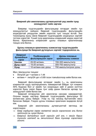 Õàâñðàëò




      Áººðíèé ¿éë àæèëëàãààíû äóòìàãøèëòàé ¿åä ýìèéí òóíä
                    çîõèöóóëàëò õèéõ çàð÷èì

     Áººðººð ò¿¿äãýíöýðèéí ôèëüòðàöààð ÿëãàðäàã ýìèéí òóí
çîõèöóóëàëòûã õèéõäýý áººðíèé ò¿¿äãýíöýðèéí ôèëüòðàöèéí
àëäàãäàëòàé óÿëäóóëàí ýìèéí õýðýãëýõ òóíã òîîöîõ ¸ñòîé. Ýíý
òîõèîëäîëä þóíû ºìíº áººðíèé ò¿¿äãýíöýðèéí àëäàãäëûí çýðãèéã
òîãòîîõ õýðýãòýé. ¯¿íèé òóëä êðåàòèíèíû êëèðåíñèéã ìýäýõ õýðýãòýé
áîëíî. Êðåàòèíèíû êëèðåíñèéã öóñíû ïëàçìûí êðåàòèíèíààð
òîîöîí îëæ áîëíî.

   Öóñíû ïëàçìûí êðåàòèíèíû õýìæýýãýýð ò¿¿äãýíöýðèéí
  ôèëüòðàöè áà áººðíèé äóòàãäëûí çýðãèéã òîäîðõîéëîõ íü

   Áººðíèé
                   Ò¿¿äãýíöýðèéí          Öóñíû ïëàçìûí
 äóòàãäëûí
                 ôèëüòðàöèéí çýðýã      êðåàòèíèíû õýìæýý
    çýðýã
 Õºíãºí          20-50 ìë/ìèí.         150-300 ììîëü/ëèòð
 Äóíä çýðýã      10-20 ìë/ìèí.         300-700 ììîëü/ëèòð
 Õ¿íä            10 ìë/ìèí-ààñ äîîø    700 ììîëü/ëèòðýýñ äýýø

Æè÷: Øèëæ¿¿ëýõ òîîöîîã
•  Ëèòð/24 öàã = ìë/ìèí x 1.44
•  ìë/ìèí = ëèòð/24 öàã x 0.69 ãýñýí òîìú¸îëëîîð õèéæ áîëîõ þì.

     Áººðíèé ôèëüòðàöèàð ÿëãàðäàã ýìèéí t1/2 íü êðåàòèíèíû
êëèðåíñòýé øóóä ïðîïîðöèîíàëü õàìààðàëòàé áàéäàã òóë êëèðåíñ
50% áóóðñàí áîë óã ýìèéí òóí õîîðîíäûí çàéã 2 äàõèí õîëòãîí
õýðýãëýõ áóþó ýñâýë áàðèõ òóíã õî¸ð äàõèí áàãàñãàõ àðãààð òóí
çîõèöóóëàëò õèéæ áîëîõ þì.
     Áººðíèé ÿëãàðóóëàõ ¿éë àæèëëàãàà íàñíààñ õàìààðàëòàé.
Îëîíõè ºíäºð íàñòàíä áººðíèé ò¿¿äãýíöýðèéí ôèëüòðàöè 50
ìë/ìèí-ààñ äîîø áàéäàã. Ó÷èð íü òýð íàñàíä áóë÷èíãèéí ìàññ
áàãàññàí áàéäàã. Ãýõäýý öóñíû ïëàçìûí êðåàòèíèí ºíäºðñºõ ¸ñã¿é
þì.
     Áººðíèé ¿éë àæèëëàãààíû äóòìàãøèëòàé ºâ÷òºíä ýì
õýðýãëýõäýý:
⇒ Áººð õîðäóóëàõ ñºðºã íºëººòýé ýìèéã õýðýãëýõýýñ àëü áîëîõ
    çàéëñõèéõ íü ÷óõàë áîëíî.
⇒ Áººðíèé äóòàãäëûí õ¿íä çýðãèéí ¿åä àëü ÷ ýìèéã áàðèõ
    òóíãèéí øàòàíä íü ýì÷èëãýýíèé áàãà òóíãààð õýðýãëýâýë
    çîõèíî.


388
 