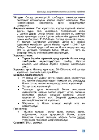 Çàéëøã¿é øààðäëàãàòàé ýìèéí çîõèñòîé õýðýãëýý

¯éëäýë: Îïîèä ðåöåïòîðòîé õîëáîãäîí, àíòèíîöèöåâòèâ
  ñèñòåìèéã èäýâõæ¿¿ëýõ çàìààð ºâäºëò íàìäààíà. Ìºí
  íîðýïèíåôðèí,       ñåðîòîíèíû     ýðãýí    õàìðàãäàëòûã
  ñààòóóëíà.
Ôàðìàêîêèíåòèê: Óóæ õýðýãëýõýä õîäîîä ãýäýñíèé çàìààñ
  ò¿ðãýí, á¿ðýí ñàéí øèìýãäýíý. Õýðýãëýñíýýñ õîéø
  2 öàãèéí äàðàà öóñíû ñèéâýí äýõ õýìæýý íü õàìãèéí
  ºíäºð ò¿âøèíäýý õ¿ðíý. Öóñíû ñèéâýíãèéí óóðàãòàé 20%
  îð÷èì õîëáîãäîíî. T1/2=5-6 öàã. Ýëãýíä ýð÷èìòýé õóâèð÷,
  11 òºðëèéí ìåòàáîëèò ¿¿ñãýäãèéí äîòîð Ì1 õýìýýõ
  èäýâõèòýé ìåòàáîëèò ¿¿ñãýõ áºãººä ò¿¿íèé t1/2=6-7 öàã
  áàéäàã. Ýëýãíèé öèððîçòîé ºâ÷òºí áîëîí ºíäºð íàñòàíä
  t1/2 íü óðòàñäàã, òðàìàäîë áîëîí Ì1-èéí          90% íü
  áººðººð, 10% íü ºòãºíòýé õàìò ãàäàãøèëäàã.
Õýðýãëýõ çààëò:
   • Òºðºë á¿ðèéí ãàðàëòàé äóíä çýðãèéí áîëîí õ¿íä
       õýëáýðèéí      ºâäºëò¿¿ä(õîðò      õàâäàð,  áýðòýë
       ãýìòýë, ìýñ çàñëûí äàðààõ, ç¿ðõíèé øèãäýýñèéí
       ã.ì.).
Õýðýãëýõ àðãà: Íàñàíä õ¿ðýã÷äýä: 50-100ìã-ààð 4-6 öàãààð
  õýðýãëýíý. Õîíîãèéí äýýä òóí 400ìã.
Öýýðëýë, áîëãîîìæëîë:
   • Óã ýìýíä õýò ìýäðýã ºâ÷òºí áîëîí àðõè, íîéðñóóëàõ
       ýì, òºâèéí ¿éëäýëòýé ºâäºëò íàìäààõ ýì, îïèîèäóóä
       áîëîí ñýòãýö íºëººò ýìýíä õîðäñîí ¿åä õýðýãëýõã¿é.
   • Õºõ¿¿ë ýõýä õýðýãëýõã¿é.
   • Òàòàëäàà ¿¿ñýõ ºðòºìæòýé áîëîí àìüñãàëûí
       äóòàãäàëòàé, ãàâëûí äîòîîä äàðàëò èõòýé, òàðõèíû
       ãýìòýëòýé, õýâëèéí õºíäèéí ýðõòýíèé öî÷ìîã
       ¿ðýâñýëòýé áîëîí ýëýã, áººðíèé äóòìàãøèëòàé
       ºâ÷òºíä áîëãîîìæòîé õýðýãëýíý.
   • Æèðýìñýí ýõ áîëîí õ¿¿õäýä õîðã¿é ýñýõ íü
       íîòëîãäîîã¿é.
Ãàæ íºëºº:
   • ÒÌÑ-èéí òàëààñ: Òîëãîé ýðãýõ, òîëãîé ºâäºõ,
       íîéðìîãëîõ, ýñâýë öî÷ðîìòãîé áîëîõ, óõààí
       áàëàðòàõ, òýíöâýð àëäàãäàõ, ýéôîðè áîëîí òàòàëò
       ¿¿ñýõ çýðýã ãàæ íºëºº èëýð÷ áîëçîøã¿é.
Ñàâëàëò: 50ìã, øàõìàë.


                                                             59
 