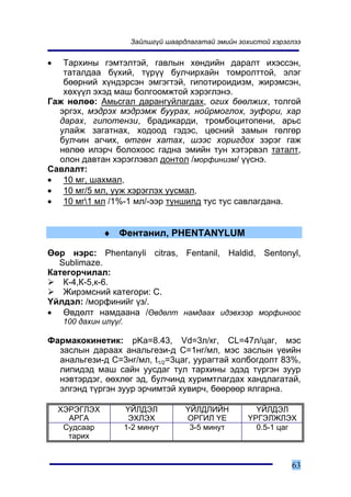 Çàéëøã¿é øààðäëàãàòàé ýìèéí çîõèñòîé õýðýãëýý


•  Òàðõèíû ãýìòýëòýé, ãàâëûí õºíäèéí äàðàëò èõýññýí,
   òàòàëäàà á¿õèé, ò¿ð¿¿ áóë÷èðõàéí òîìðîëòòîé, ýëýã
   áººðíèé õ¿íäýðñýí ýìãýãòýé, ãèïîòèðîèäèçì, æèðýìñýí,
   õºõ¿¿ë ýõýä ìàø áîëãîîìæòîé õýðýãëýíý.
Ãàæ íºëºº: Àìüñãàë äàðàíãóéëàãäàõ, îãèõ áººëæèõ, òîëãîé
  ýðãýõ, ìýäðýõ ìýäðýìæ áóóðàõ, íîéðìîãëîõ, ýóôîðè, õàð
  äàðàõ, ãèïîòåíçè, áðàäèêàðäè, òðîìáîöèòîïåíè, àðüñ
  óëàéæ çàãàòíàõ, õîäîîä ãýäýñ, öºñíèé çàìûí ãºëãºð
  áóë÷èí àã÷èõ, ºòãºí õàòàõ, øýýñ õîðèãäîõ çýðýã ãàæ
  íºëºº èëýð÷ áîëîõîîñ ãàäíà ýìèéí òóí õýòýðâýë òàòàëò,
  îëîí äàâòàí õýðýãëýâýë äîíòîë /ìîðôèíèçì/ ¿¿ñíý.
Ñàâëàëò:
• 10 ìã, øàõìàë,
• 10 ìã/5 ìë, óóæ õýðýãëýõ óóñìàë,
• 10 ìã1 ìë /1%-1 ìë/-ýýð òóíøèëä òóñ òóñ ñàâëàãäàíà.


               ♦ Ôåíòàíèë, PHENTANYLUM

ªºð íýðñ: Phentanyli citras, Fentanil, Haldid, Sentonyl,
  Sublimaze.
Êàòåãîð÷èëàë:
   Ê-4,Ê-5,ê-6.
   Æèðýìñíèé êàòåãîðè: Ñ.
¯éëäýë: /ìîðôèíèéã ¿ç/.
• ªâäºëò íàìäààíà /ªâäºëò íàìäààõ èäýâõýýð ìîðôèíîîñ
     100 äàõèí èë¿¿/.

Ôàðìàêîêèíåòèê: pKa=8.43, Vd=3ë/êã, CL=47ë/öàã, ìýñ
  çàñëûí äàðààõ àíàëüãåçè-ä Ñ=1íã/ìë, ìýñ çàñëûí ¿åèéí
  àíàëüãåçè-ä Ñ=3íã/ìë, t1/2=3öàã, óóðàãòàé õîëáîãäîëò 83%,
  ëèïèäýä ìàø ñàéí óóñäàã òóë òàðõèíû ýäýä ò¿ðãýí çóóð
  íýâòýðäýã, ººõëºã ýä, áóë÷èíä õóðèìòëàãäàõ õàíäëàãàòàé,
  ýëãýíä ò¿ðãýí çóóð ýð÷èìòýé õóâèð÷, áººðººð ÿëãàðíà.

    ÕÝÐÝÃËÝÕ            ¯ÉËÄÝË         ¯ÉËÄËÈÉÍ           ¯ÉËÄÝË
      ÀÐÃÀ               ÝÕËÝÕ         ÎÐÃÈË ¯Å         ¯ÐÃÝËÆËÝÕ
     Ñóäñààð            1-2 ìèíóò       3-5 ìèíóò         0.5-1 öàã
      òàðèõ


                                                                   63
 