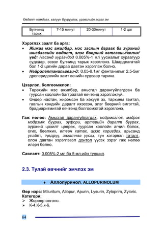 ªâäºëò íàìäààõ, õàëóóí áóóðóóëàõ, ¿ðýâñëèéí ýñðýã ýì


     Áóë÷èíä        7-15 ìèíóò        20-30ìèíóò       1-2 öàã
      òàðèõ

Õýðýãëýõ çààëò áà àðãà:
• Æèæèã ìýñ àæèëáàð, ìýñ çàñëûí äàðààõ áà ç¿ðõíèé
   øèãäýýñèéí ºâäºëò, ýëýã áººðíèé õàòãààíû/êîëèê/
   ¿åä: Íàñàíä õ¿ðýã÷äýä 0.005%-1 ìë óóñìàëûã õóðààãóóð
   ñóäñààð, ýñâýë áóë÷èíä òàðüæ õýðýãëýíý. Øààðäëàãàòàé
   áîë 1-2 öàãèéí äàðàà äàâòàí õýðýãëýæ áîëíî.
• Íåéðîëåïòàíàëüãåçè-ä: 0.05-0.1ìã ôåíòàíèëûã 2.5-5ìã
   äðîïåðèäîëèéí õàìò âåíèéí ñóäñààð òàðèíà.

Öýýðëýë, áîëãîîìæëîë:
• Òºðºõèéí ìýñ àæèëáàð, àìüñãàë äàðàíãóéëàãäñàí áà
   ãóóðñàí õîîëîéí áàãòðààòàé ºâ÷òºíä õýðýãëýõã¿é.
• ªíäºð íàñòàí, æèðýìñýí áà õºõ¿¿ë ýõ, òàðõèíû ãýìòýë,
   ãàâëûí õºíäèéí äàðàëò èõýññýí, ýëýã áººðíèé ýìãýãòýé,
   áðàäèàðèòìèòàé ºâ÷òºíä áîëãîîìæòîé õýðýãëýíý.

Ãàæ íºëºº: Àìüñãàë äàðàíãóéëàãäàõ, íîéðìîãëîõ, ìýäðýõ
  ìýäðýìæ áóóðàõ, ýóôîðè, àðòåðèéí äàðàëò áóóðàõ,
  ç¿ðõíèé öîõèëò öººðºõ, ãóóðñàí õîîëîéí àã÷èë áîëîõ,
  îãèõ, áººëæèõ, ºòãºí õàòàõ, øýýñ õîðèãäîõ, àðüñàíä
  óëàéëò, ã¿âäð¿¿, çàãàòíàà ¿¿ñýõ, òóí õýòýðâýë òàòàëò,
  îëîí äàâòàí õýðýãëýâýë äîíòîë ¿¿ñýõ çýðýã ãàæ íºëºº
  èëýð÷ áîëíî.

Ñàâëàëò: 0.005%-2 ìë áà 5 ìë-èéí òóíøèë.


2.3. Òóëàé ºâ÷íèéã ýì÷ëýõ ýì

            ♦   Àëëîïóðèíîë, ALLOPURINOLUM

ªºð íýðñ: Miluritum, Allopur, Apurin, Lysurin, Zyloprim, Zyloric.
Êàòåãîðè:
   Æîðîîð îëãîíî.
   Ê-4,Ê-5,ê-6.

64
 
