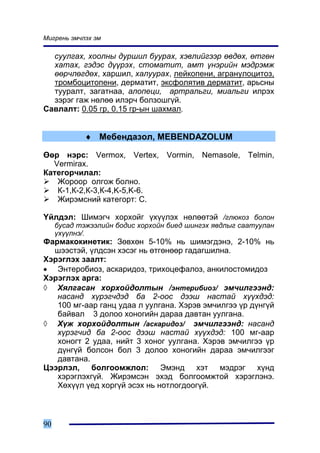 Ìèãðåíü ýì÷ëýõ ýì

  ñóóëãàõ, õîîëíû äóðøèë áóóðàõ, õýâëèéãýýð ºâäºõ, ºòãºí
  õàòàõ, ãýäýñ ä¿¿ðýõ, ñòîìàòèò, àìò ¿íýðèéí ìýäðýìæ
  ººð÷ëºãäºõ, õàðøèë, õàëóóðàõ, ëåéêîïåíè, àãðàíóëîöèòîç,
  òðîìáîöèòîïåíè, äåðìàòèò, ýêñôîëÿòèâ äåðìàòèò, àðüñíû
  òóóðàëò, çàãàòíàà, àëîïåöè, àðòðàëüãè, ìèàëüãè èëðýõ
  çýðýã ãàæ íºëºº èëýð÷ áîëçîøã¿é.
Ñàâëàëò: 0.05 ãð, 0.15 ãð-ûí øàõìàë.


            ♦ Ìåáåíäàçîë, MEBENDAZOLUM

ªºð íýðñ: Vermox, Vertex, Vormin, Nemasole, Telmin,
  Vermirax.
Êàòåãîð÷èëàë:
   Æîðîîð îëãîæ áîëíî.
   Ê-1,Ê-2,Ê-3,Ê-4,K-5,K-6.
   Æèðýìñíèé êàòåãîðò: Ñ.

¯éëäýë: Øèìýã÷ õîðõîéã ¿õ¿¿ëýõ íºëººòýé /ãëþêîç áîëîí
     áóñàä òýæýýëèéí áîäèñ õîðõîéí áèåä øèíãýõ ÿâäëûã ñààòóóëàí
     ¿õ¿¿ëíý/.
Ôàðìàêîêèíåòèê: Çºâõºí 5-10% íü øèìýãäýíý, 2-10% íü
  øýýñòýé, ¿ëäñýí õýñýã íü ºòãºíººð ãàäàãøèëíà.
Õýðýãëýõ çààëò:
• Ýíòåðîáèîç, àñêàðèäîç, òðèõîöåôàëîç, àíêèëîñòîìèäîç
Õýðýãëýõ àðãà:
◊ Õÿëãàñàí õîðõîéäîëòûí /ýíòåðèáèîç/ ýì÷èëãýýíä:
   íàñàíä õ¿ðýã÷äýä áà 2-îîñ äýýø íàñòàé õ¿¿õäýä:
   100 ìã-ààð ãàíö óäàà ë óóëãàíà. Õýðýâ ýì÷èëãýý ¿ð ä¿íã¿é
   áàéâàë 3 äîëîî õîíîãèéí äàðàà äàâòàí óóëãàíà.
◊ Õ¿æ õîðõîéäîëòûí /àñêàðèäîç/ ýì÷èëãýýíä: íàñàíä
   õ¿ðýã÷èä áà 2-îîñ äýýø íàñòàé õ¿¿õäýä: 100 ìã-ààð
   õîíîãò 2 óäàà, íèéò 3 õîíîã óóëãàíà. Õýðýâ ýì÷èëãýý ¿ð
   ä¿íã¿é áîëñîí áîë 3 äîëîî õîíîãèéí äàðàà ýì÷èëãýýã
   äàâòàíà.
Öýýðëýë, áîëãîîìæëîë: Ýìýíä õýò ìýäðýã õ¿íä
   õýðýãëýõã¿é. Æèðýìñýí ýõýä áîëãîîìæòîé õýðýãëýíý.
   Õºõ¿¿ë ¿åä õîðã¿é ýñýõ íü íîòëîãäîîã¿é.



90
 