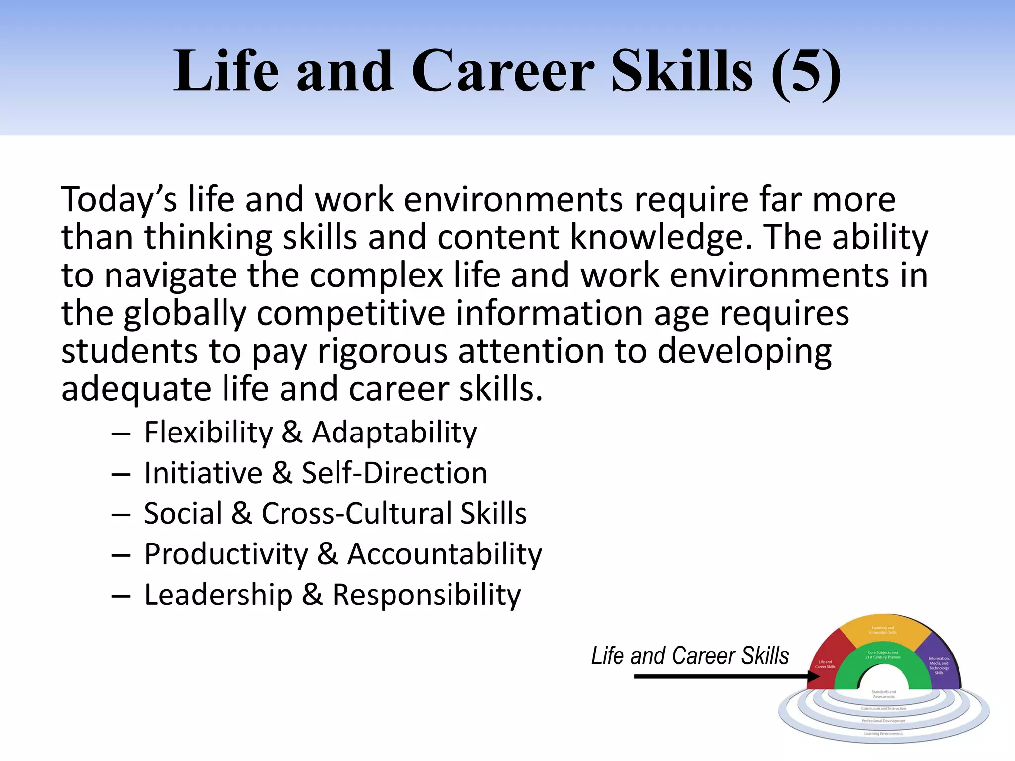 Life and Career Skills (5)
Today’s life and work environments require far more
than thinking skills and content knowledge. The ability
to navigate the complex life and work environments in
the globally competitive information age requires
students to pay rigorous attention to developing
adequate life and career skills.
   –   Flexibility & Adaptability
   –   Initiative & Self-Direction
   –   Social & Cross-Cultural Skills
   –   Productivity & Accountability
   –   Leadership & Responsibility
                                        Life and Career Skills
 