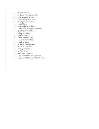  the way I see it…
 as far as I am concerned…
 from my point of view…
 I hold the opinion that…
 my impression is that…
 I consider…
 my conviction is that…
 I am under the impression that…
 speaking personally, …
 I dare say that…
 I gather that…
 I have no doubt that…
 I hold the view that…
 I believe that…
 as far as I understand…
 as far as I can see…
 in my perception…
 as I see it, …
 according to me, …
 I agree with this view/opinion…
 I agree with this point of view, but…
 