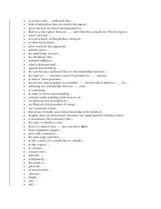  a certain study, … indicated that…
 little attention has been devoted to the impact…
 given the lack of critical attention paid to…
 there is a divergence between …… and what they actually do. This divergence
 occurs because…
 several schools of thought have emerged…
 as shown previously…
 prior research has suggested…
 another factor…
 the underlying concept…
 the likelihood that…
 research indicates…
 what is demonstrated…
 against this backdrop…
 the central issue addressed here is the relationship between…
 the topic of …… warrants research attention for …… reasons.
 to answer these questions…
 the present study attempts to crystallize …… factors which influence …… by….
 analyzing the relationship between …… and…
 in examining…
 in order to better understanding…
 a deeper understanding of the process of…
 we illustrate this procedure by…
 we illustrate this procedure by using…
 our contention is that…
 this research builds on existing knowledge in the fields of…
 insights drawn from scholarly literature are supplemented with those from…
 it accentuates the realization that…
 the issue is whether or not…
 there is evidence that …… has a positive affect.
 these arguments suggest…
 given this orientation…
 the same logic underlies…
 in this context, it is worthwhile to consider…
 in this respect, …
 in contrast, …
 a major trait…
 typically, …
 traditionally, …
 this leads to…
 generally, …
 as noted earlier…
 whereas…
 briefly…
 also, …
 still, …
 