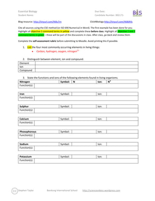 Blog resource: http://tinyurl.com/4t8u7rn               Click4Biology: http://tinyurl.com/468dhfy <br />Cite all sources using the CSE method (or ISO 690 Numerical in Word). The first example has been done for you. Highlight all objective 1 command terms in yellow and complete these before class. Highlight all objective 2 and 3 command terms in green – these will be part of the discussions in class. After class, go back and review them. <br />Complete the self-assessment rubric before submitting to Moodle. Avoid printing this if possible. <br />,[object Object]